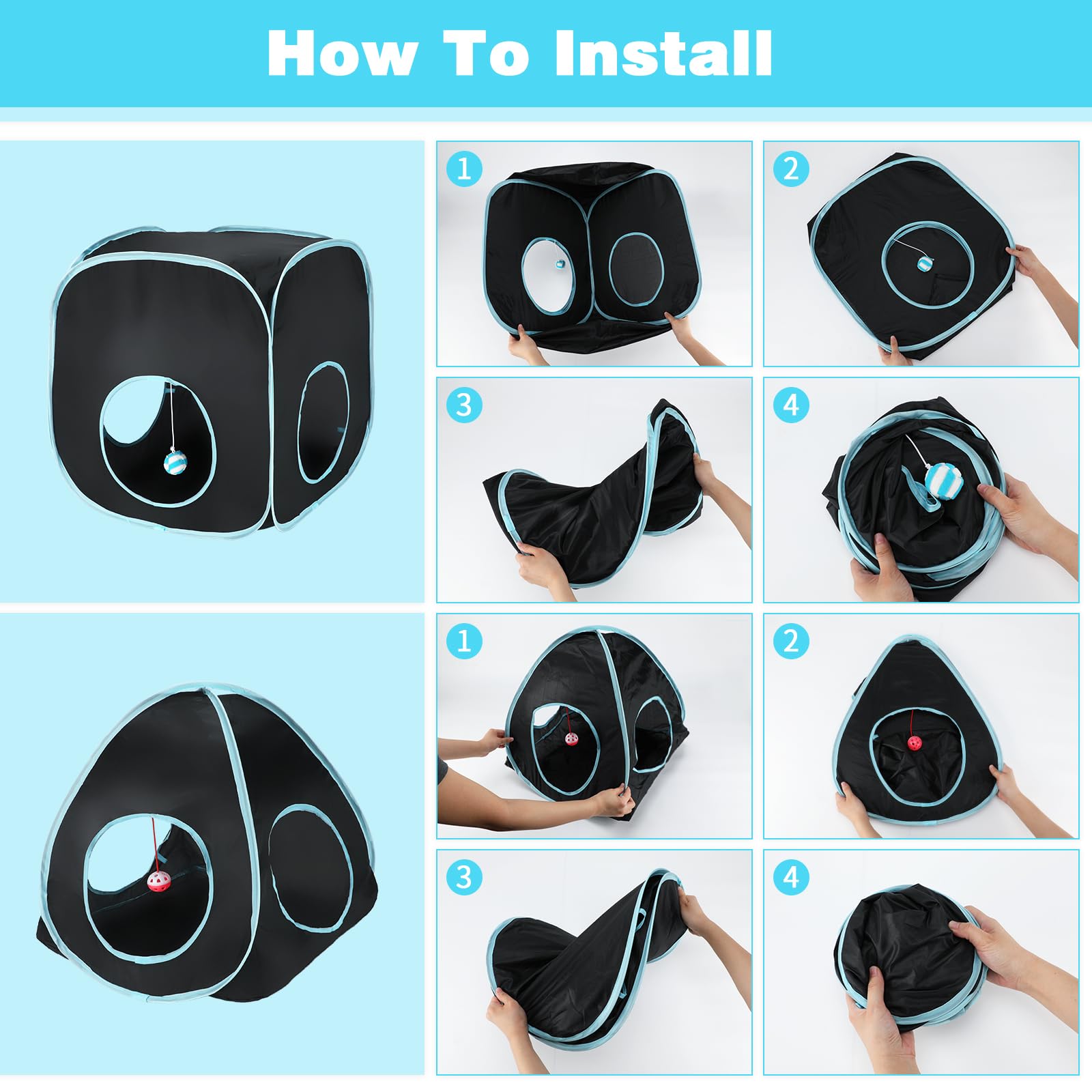 YUEPET Large Rabbit Tunnel and Cube - Collapsible Interactive Crinkle Toy for Dwarf Bunny & Guinea Pig, Black Blue