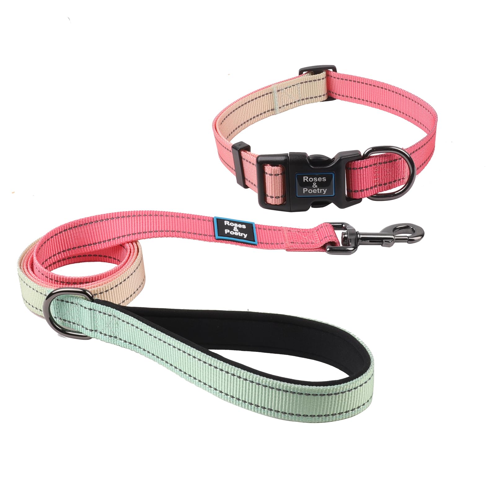 Roses&Poetry Pink Dog Leash And Collar Set, Reflective Dog Collar And Leash For Large Dogs, Adjustable Durable Matching Collars 