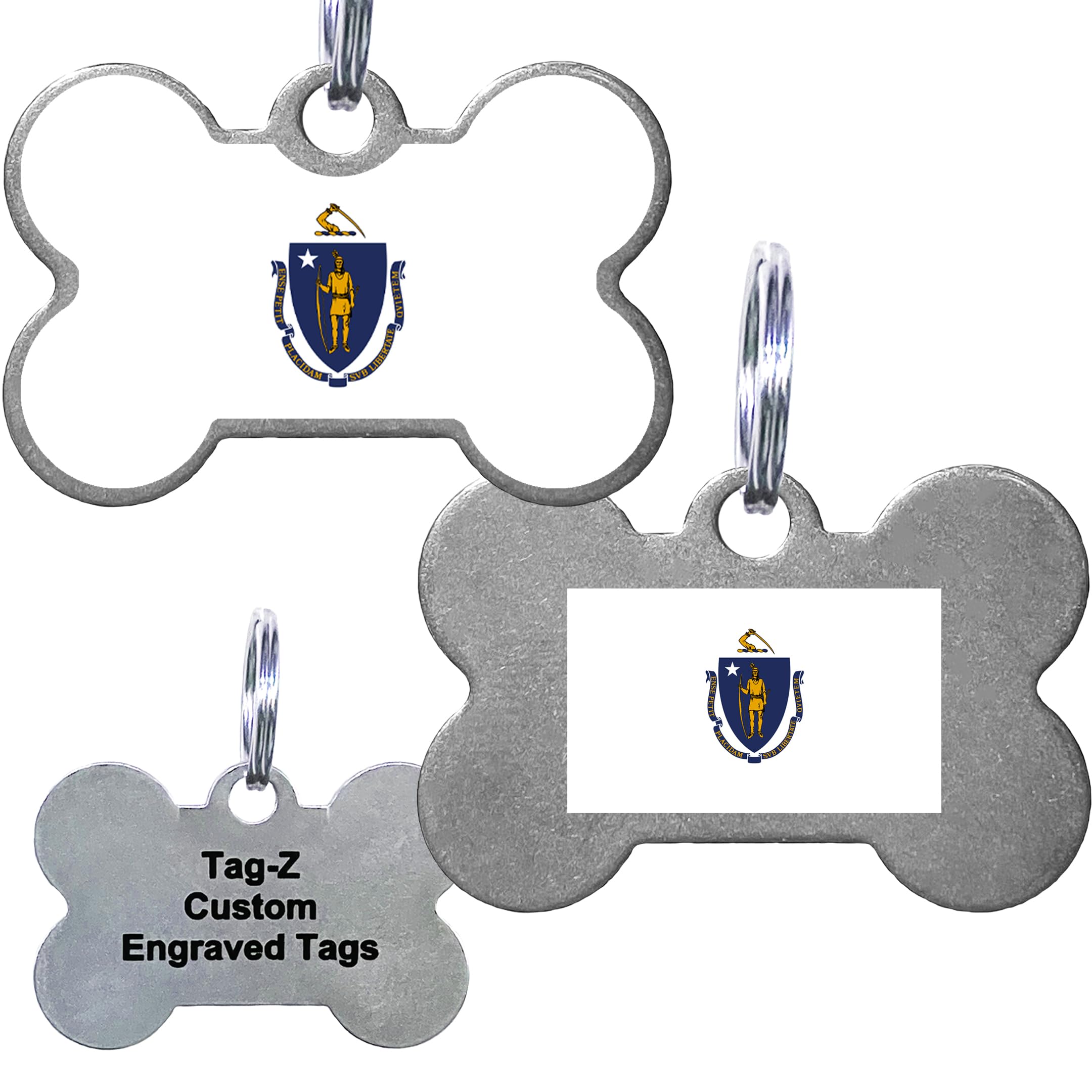 Massachusetts Flag Pet Id Tags, Custom Printed And Laser Engraved Bone