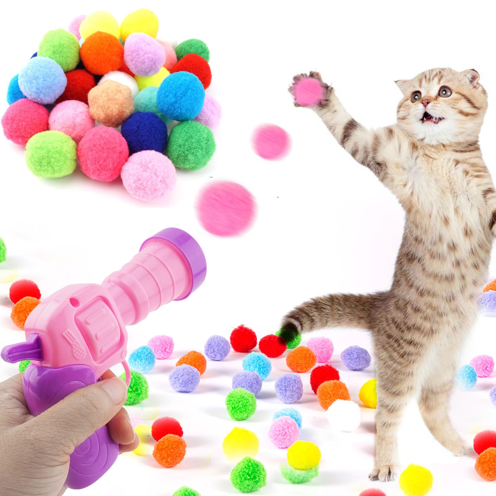 31Pcs Cat Ball Toy Launcher, 30Pcs Plush Fuzzy Balls, Cat Fetch Toy Gun Shooter For Indoor Kittens