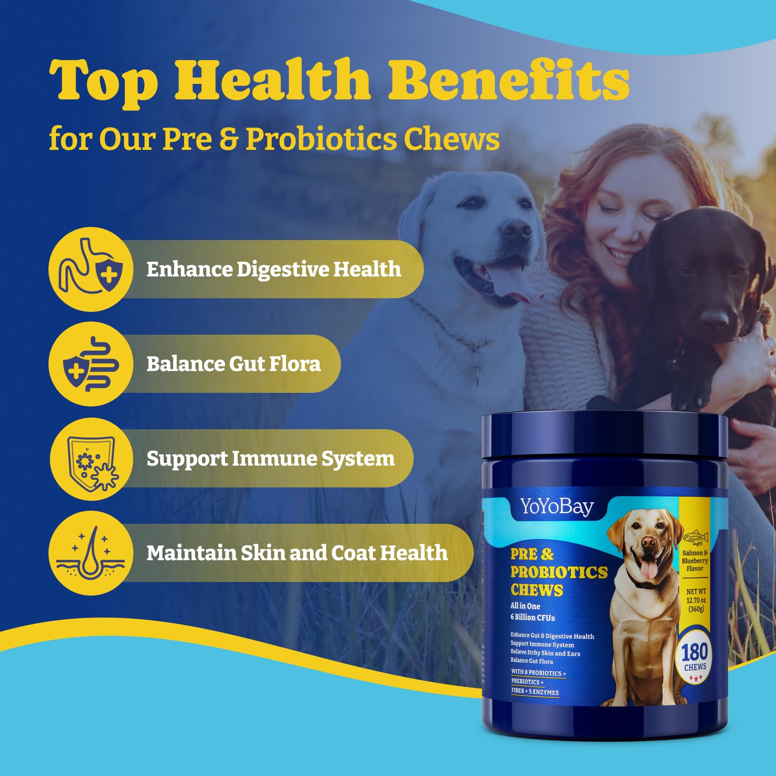 YoYoBay Probiotics for Dogs - Dog Probiotics for Gut, Immune & Skin Health - 6 Billion CFUs, 180 Soft Chews, Salmon & Blueberry