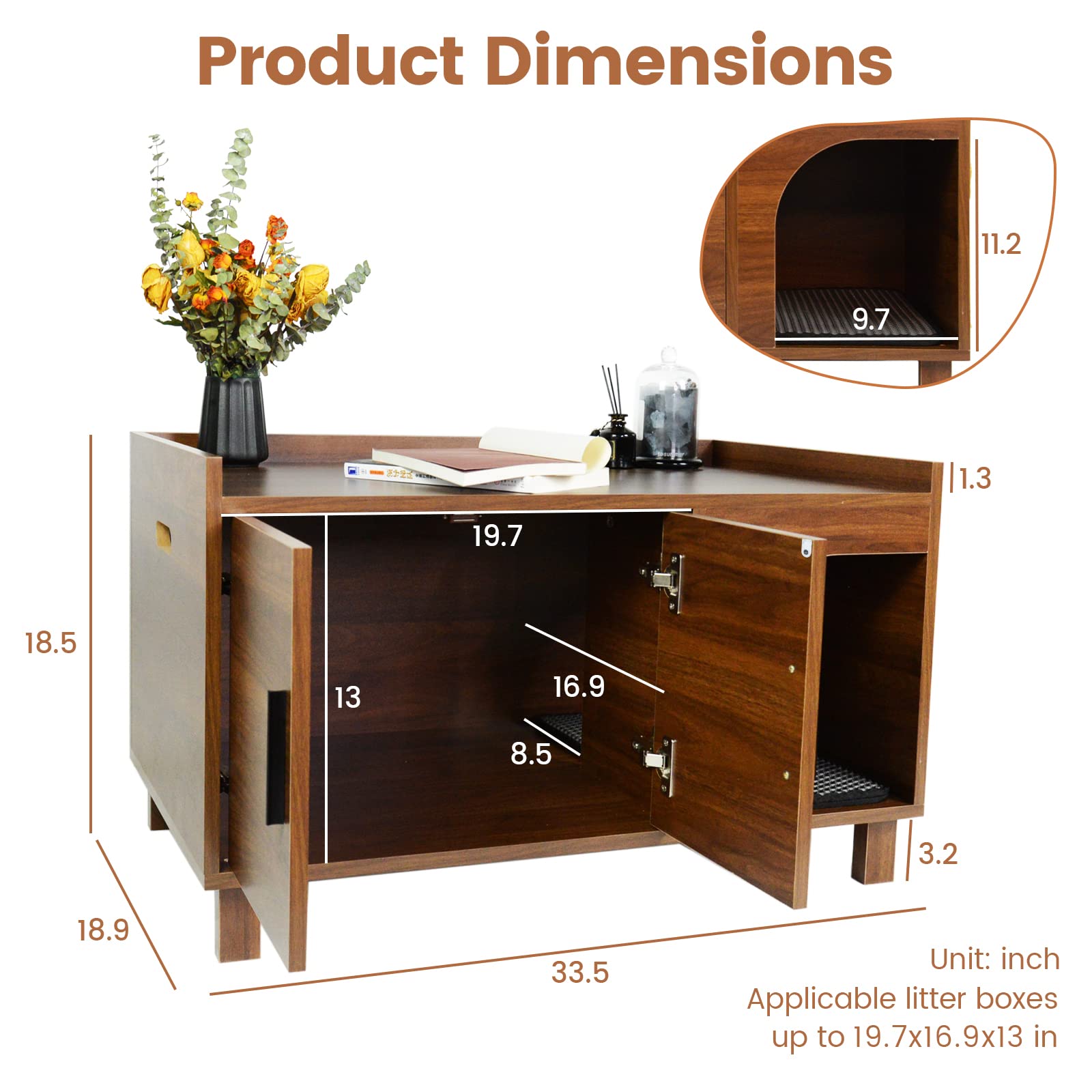 Pluroof Cat Litter Box Enclosure, Modern Cat Washroom Furniture Hidden Litter Box Cabinet As Indoor Decorative Nightstand With Scratching Pad, Rustic Brown