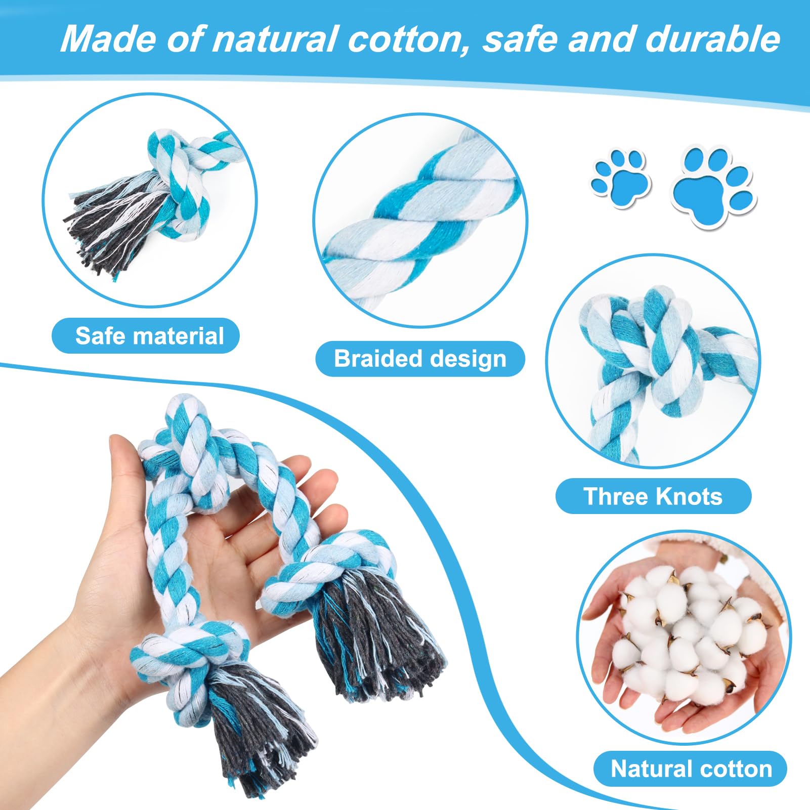 Vivifying Dog Rope Toys, 3 Knots Durable Braided Cotton Pet Chew Rope Toys For Dog Cat Puppy Teeth Cleaning(Blue)