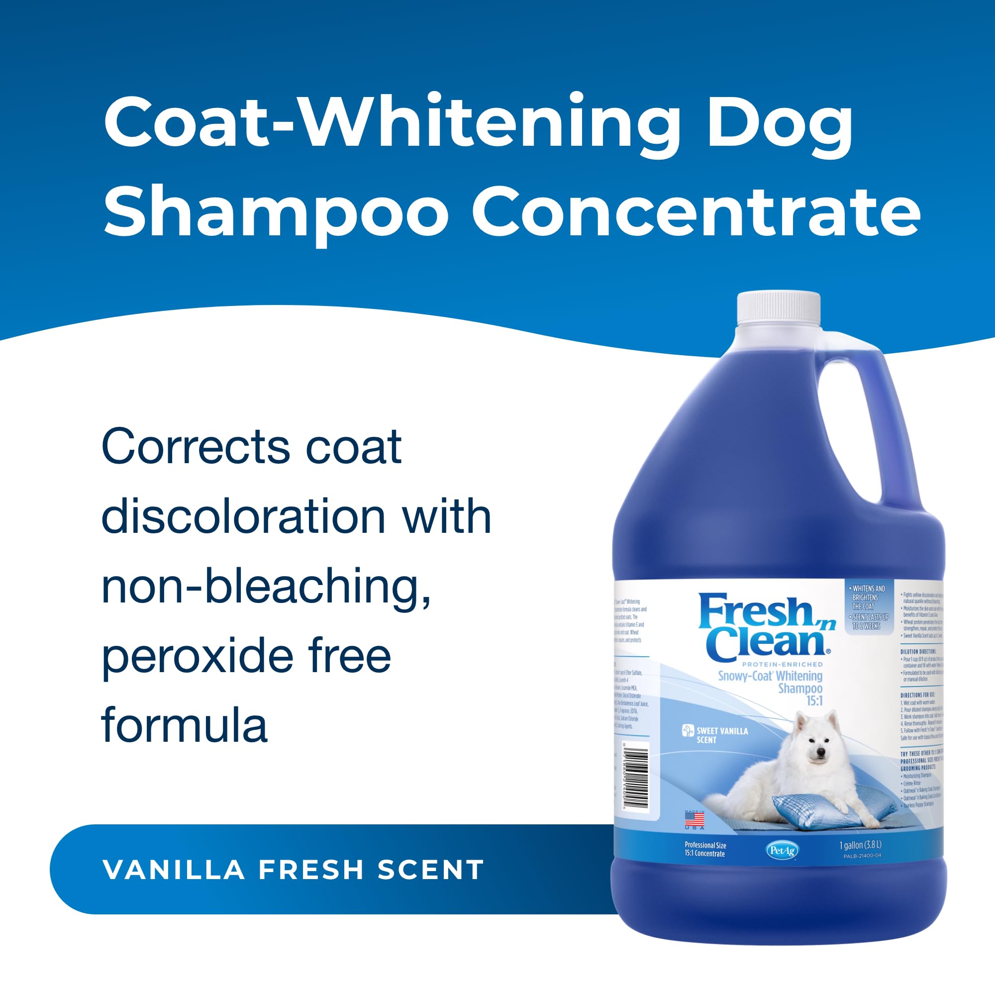 Pet-Ag Fresh ’N Clean Whitening Snowy-Coat Shampoo, Vanilla Scent (15:1 Concentrate) - 1 Gallon - Bleach-Free Formula To Correct Yellow Discoloration - Strengthens & Moisturizes Coats - Soap Free