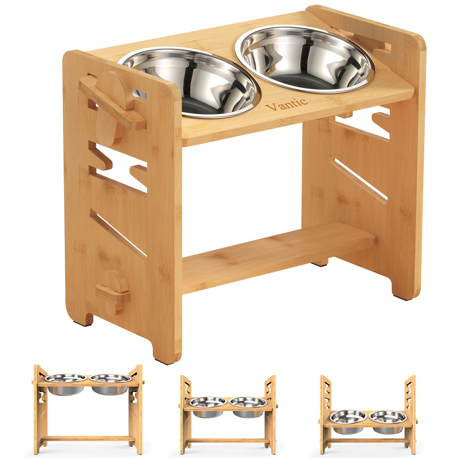 Vantic Elevated Dog Bowls, Adjustable Raised Dog Bowl Stand for Medium Sized Pet, Sturdy Bamboo Food Feeder with 2 Stainless Ste