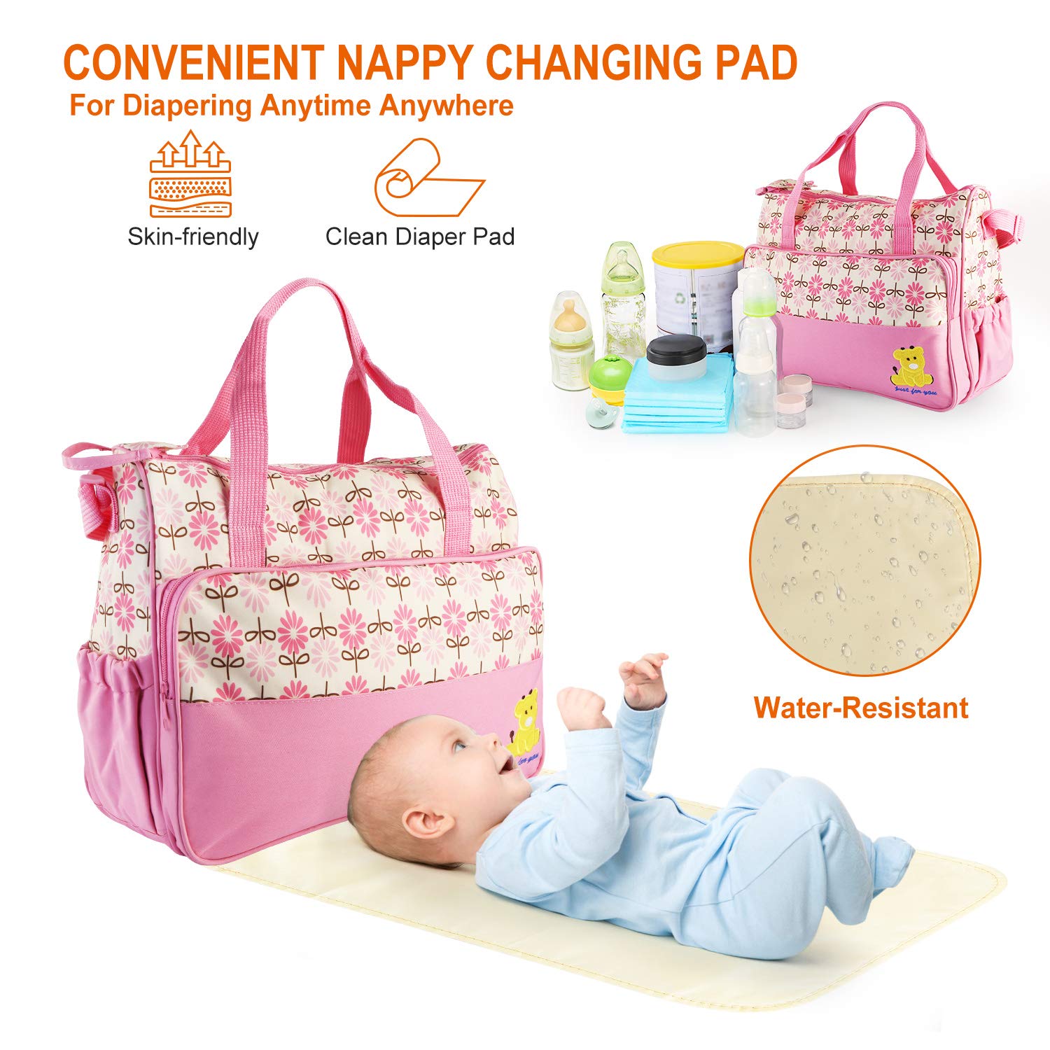 5PcS Diaper Bag Tote Set - Baby Bags for Mom (Pink)