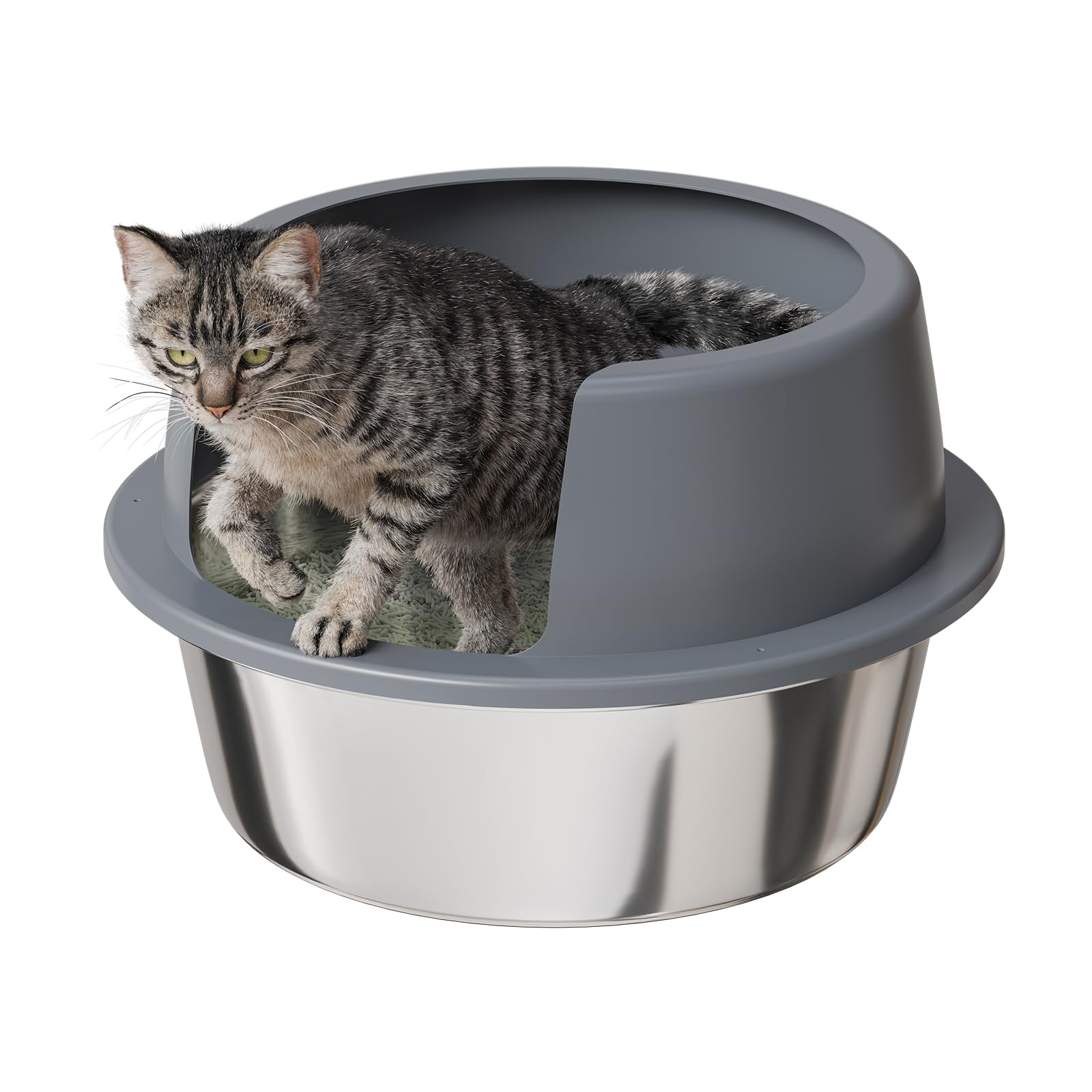 Booche Round High-Sided Stainless Steel Cat Litter Box,Stainless Steel Litter Box With Lid,Extra Large Box,Easy-To-Clean Metal L