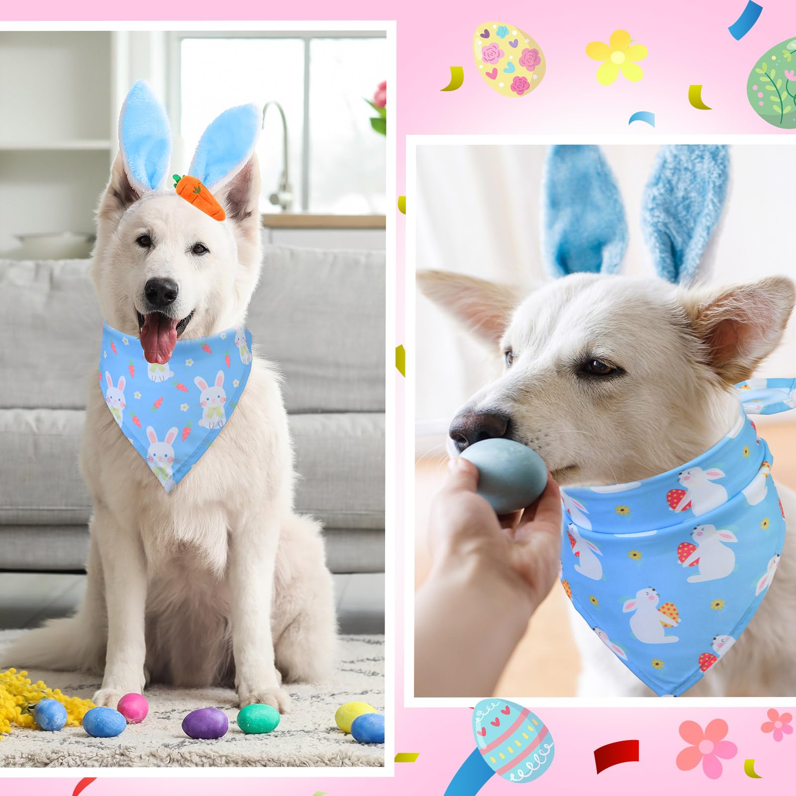 Siltriangle 16 Pack Dog Easter Outfit Including 8 Bunny Ears Headband And 8 Easter Dog Bandana Four Colors Bunny Ears Pet Bandan