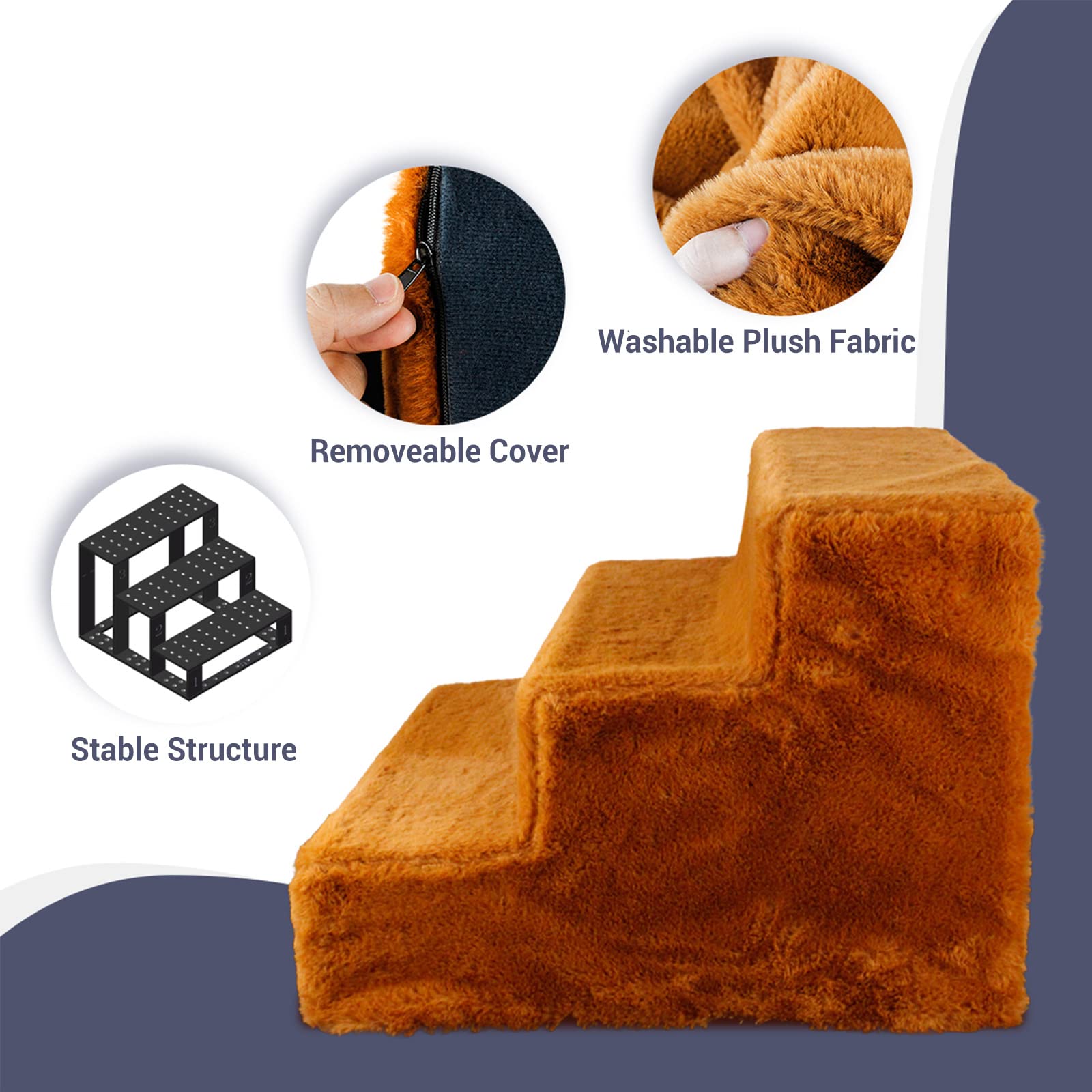 Enjoying Dog Stairs For Small Dogs, 3-Step Doggy Ladder For Couch, Assemblable Non-Slip Puppy Cat Steps, Brown