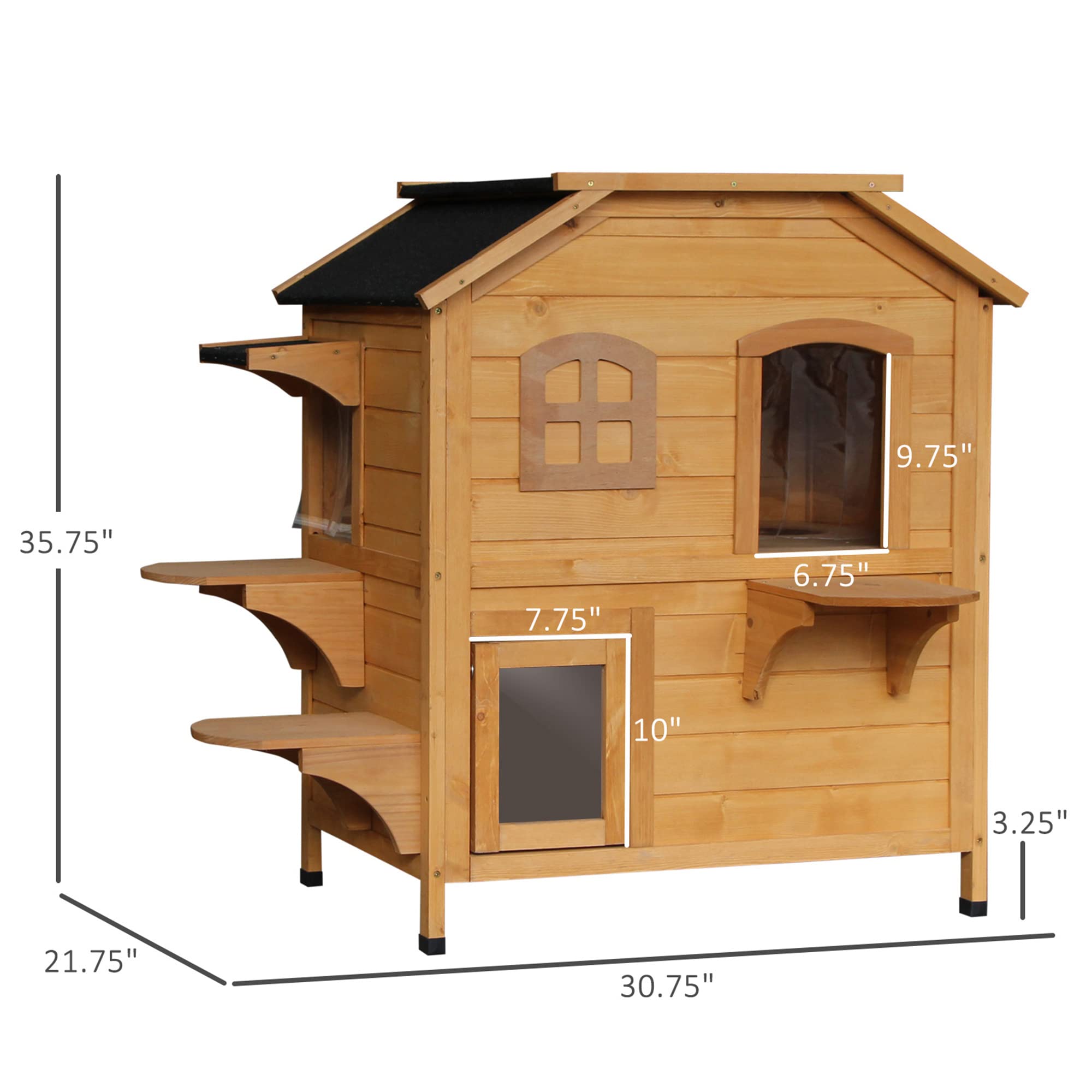 Pawhut 2-Story Cat House Outdoor, Weatherproof Wooden Cat Enclosure For Feral Cats With Escape Door, Openable Roof, Jumping Platforms, Natural