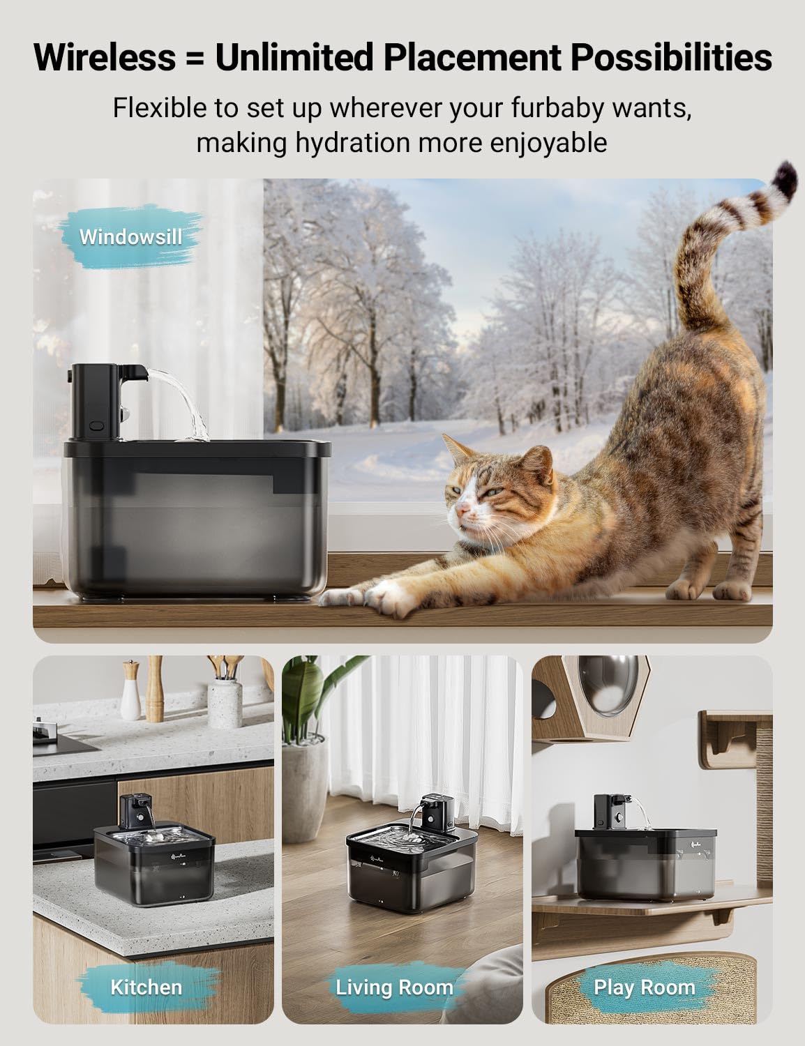 DownyPaws Cat Water Fountain Stainless Steel Cordless, 84oz/2.5L Fursink Wireless Pet Water Fountains for Cats Indoor, Battery O