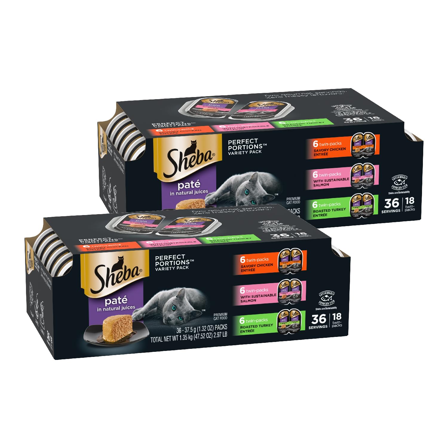 Sheba Perfect Portions Wet Cat Food Pate Savory Chicken, With Sustainable Salmon, and Roasted Turkey Entree Variety Pack, 2.6 oz