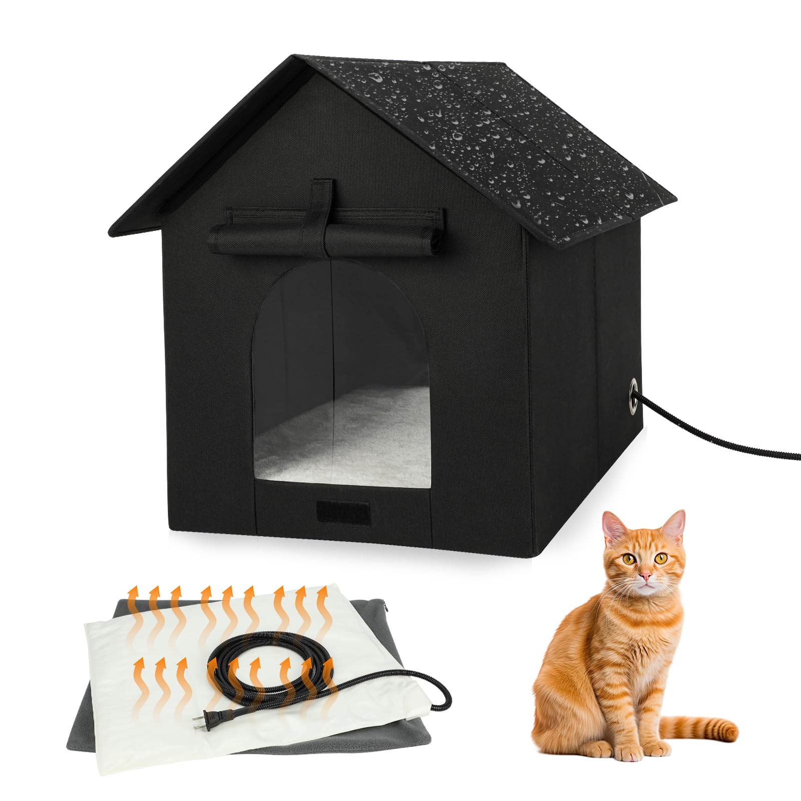 Large Heated Outdoor Cat House Double Door Heated Cat Shelter, Weatherproof Foldable Heat Kitty House With Cat Heating Pad Bed F