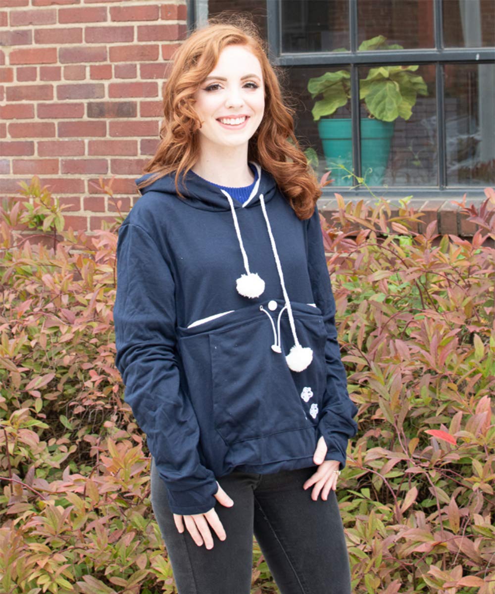 Unisex Big Pouch Hoodie Long Sleeve Pet Dog Holder Carrier Sweatshirt (Medium, Navy Blue)