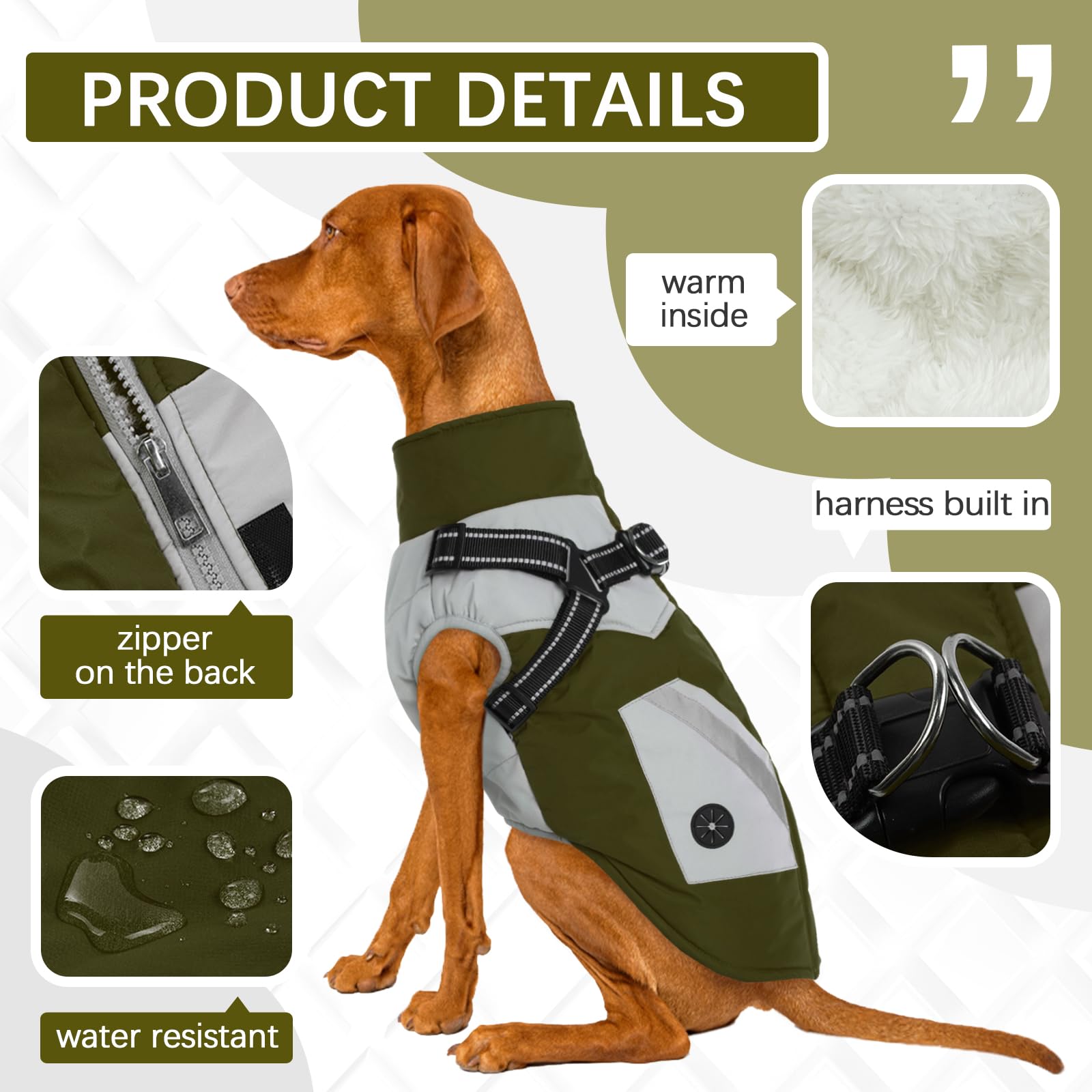 Fuamey Dog Jacket - Waterproof Winter Coat With Zipper - Reflective Vest For Extra Large Dogs - Green Xl