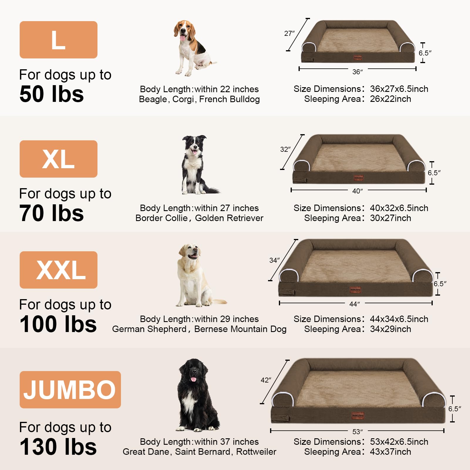 Large Dog Bed Orthopedic Washable: Beds Bolster Xl Bed Big Xlarge Dogs Memory Foam Sofa Couch Waterproof Removable Cover - Brown