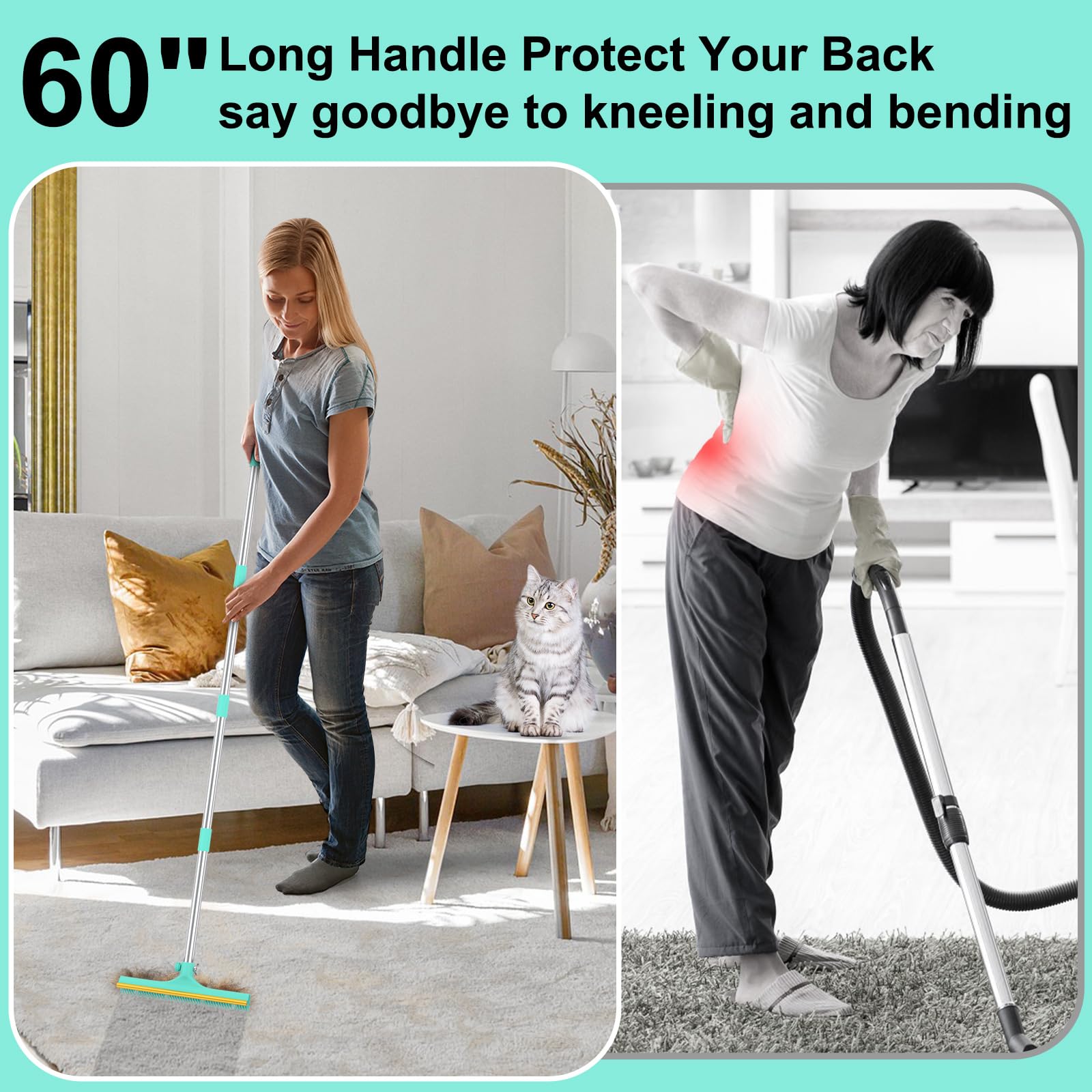 Carpet Rake for Pet Hair Removal - 60 Adjustable Long Handle Carpet Rake, 3 in 1 Reusable Pet Hair Removal Tool Kit, Cat Dog Fur