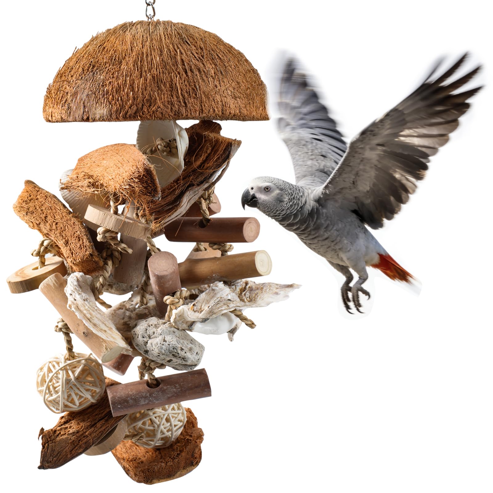 Natural Bird Toys for Parrots - 18in Handmade Shredding & Foraging Toy with Coconut Shells, Wood Blocks & Lava Stones - Parrot T
