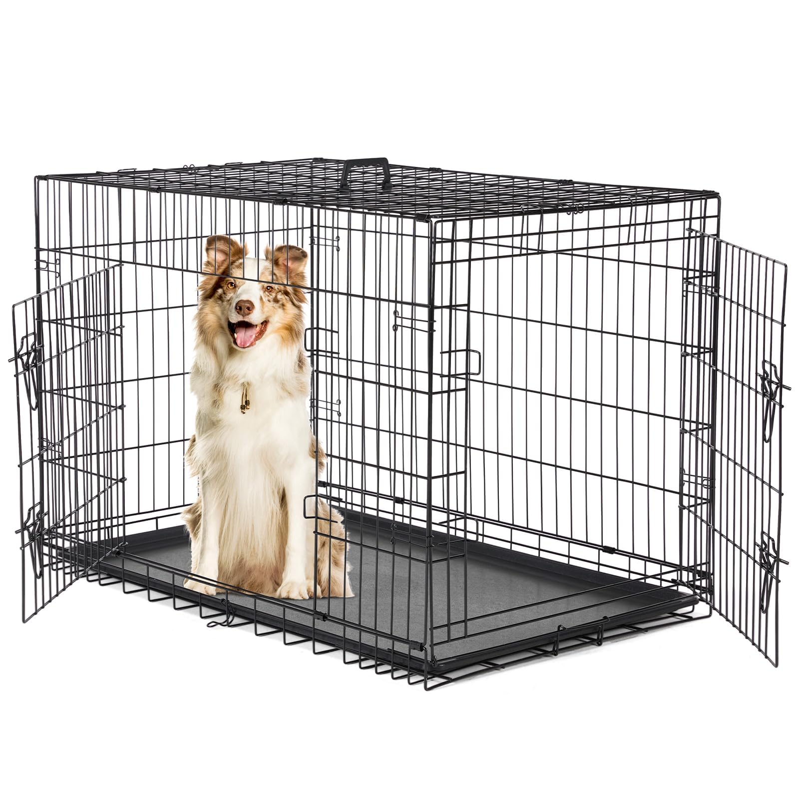 Aidoly Dog Crate, 42 Inch Large Double Door Portable Dog Cage, Metal Wire Pet Kennel with Secure Lock, Leak-Proof Pan Tray, Fold