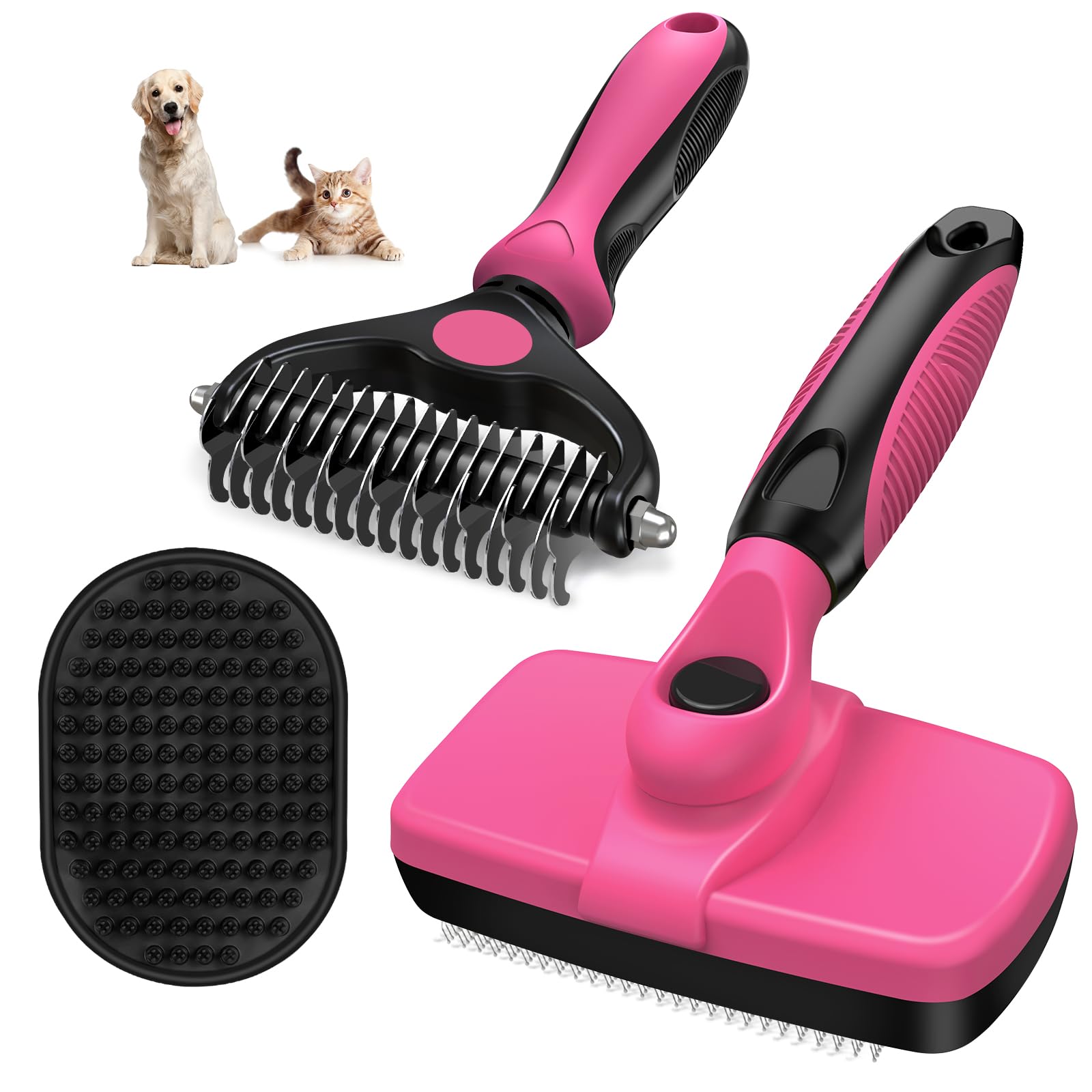 3PCS Self Cleaning Slicker Brush & Pet Grooming Rake & Bath Brush for Dogs,Cats and Horses | Double-Sided Dematting Comb & Skin 