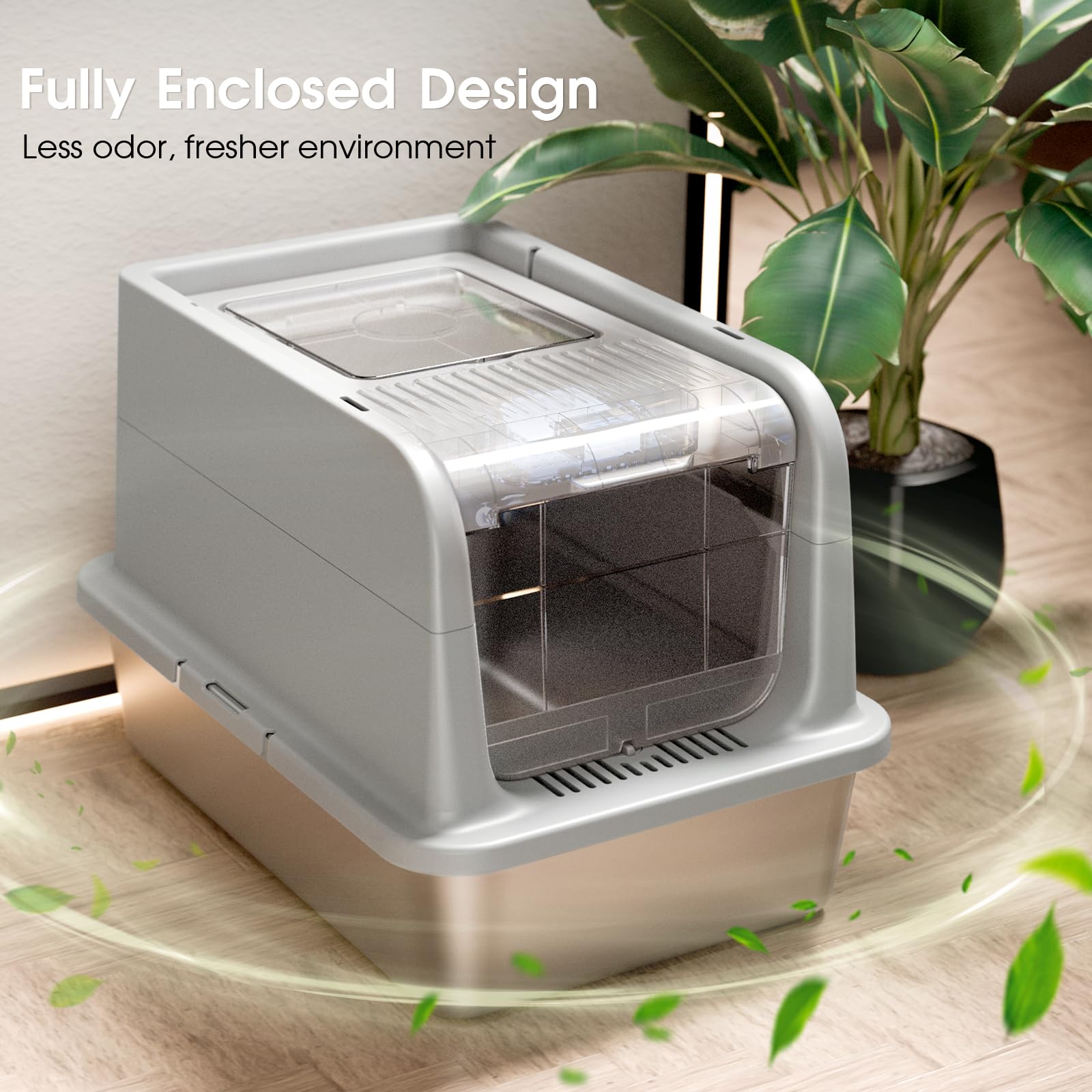 Courpal Stainless Steel Cat Litter Box With Lid - Xl Large Enclosed/Open Litter Box With Anti Leakage Enclosure - Odor Free Hood