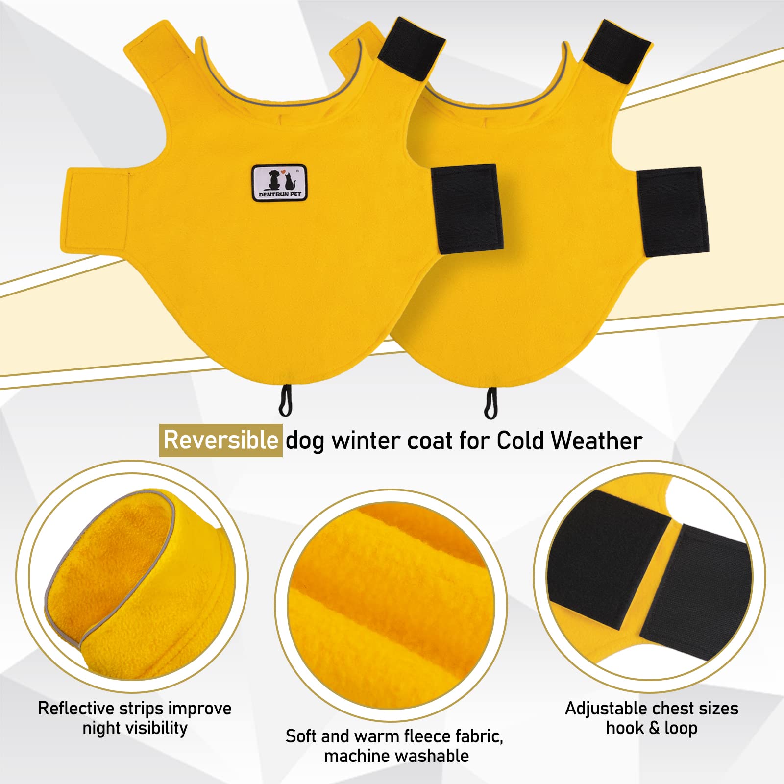 Dentrun Windproof Winter Warm Fleece Small Dog Coat Reversible Puppy Jacket Reflective Soft Pet Vest, Cold Weather Dog Sweater Apparel Leash Access Overcoat For Small Breeds, Yellow, S