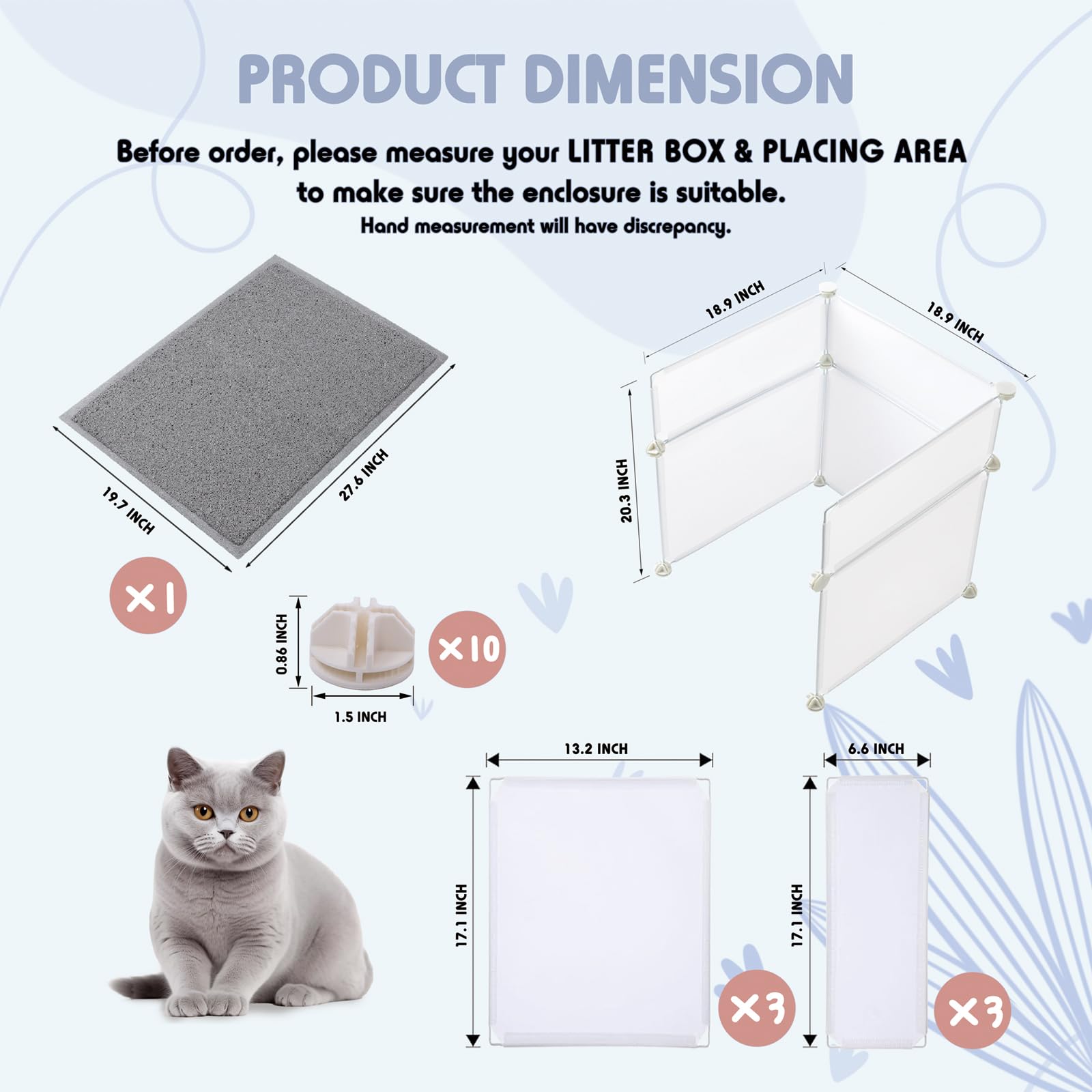 Meexpaws Cat Litter Box Enclosure Splash Guard Large L19?19?20 Inch, Light Weight Plastic Sheets With Cat Litter Mat Easy Clean (White)