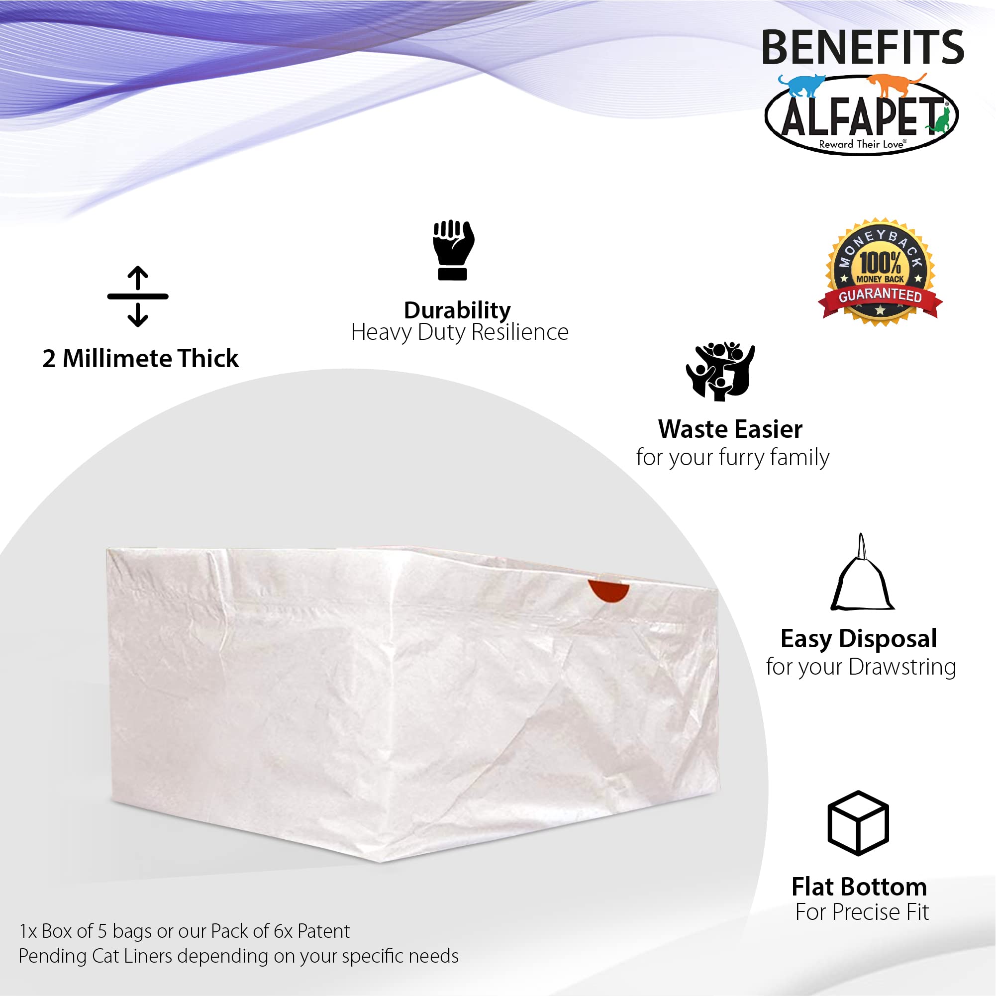 Alfapet Cat Litter Box Liners Extra Large-1 Box- Heavy Duty 2 Mil Thick Plastic, Clever Drawstring Liner For Easy Disposal- Flat Bottom For Easy, Secure Placement In Kitty Pan-Disposable