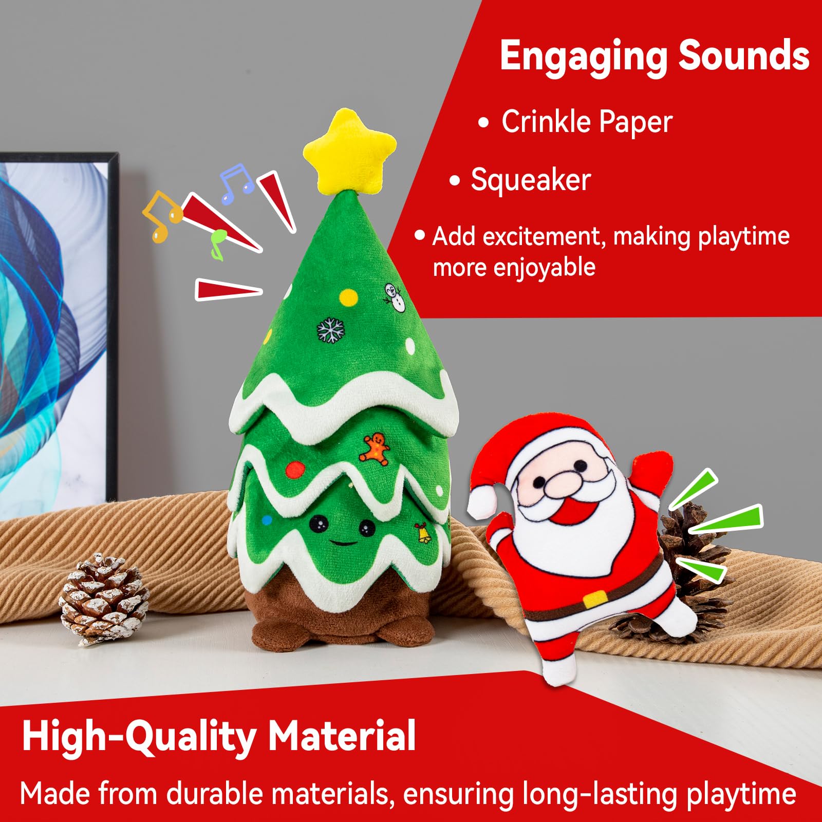 REQIHO Christmas Dog Toys, Crinkle Christmas Tree & Squeaky Santa Claus, Dog Christmas Toys, Hide and Seek Dog Toy, Plush Dog fo
