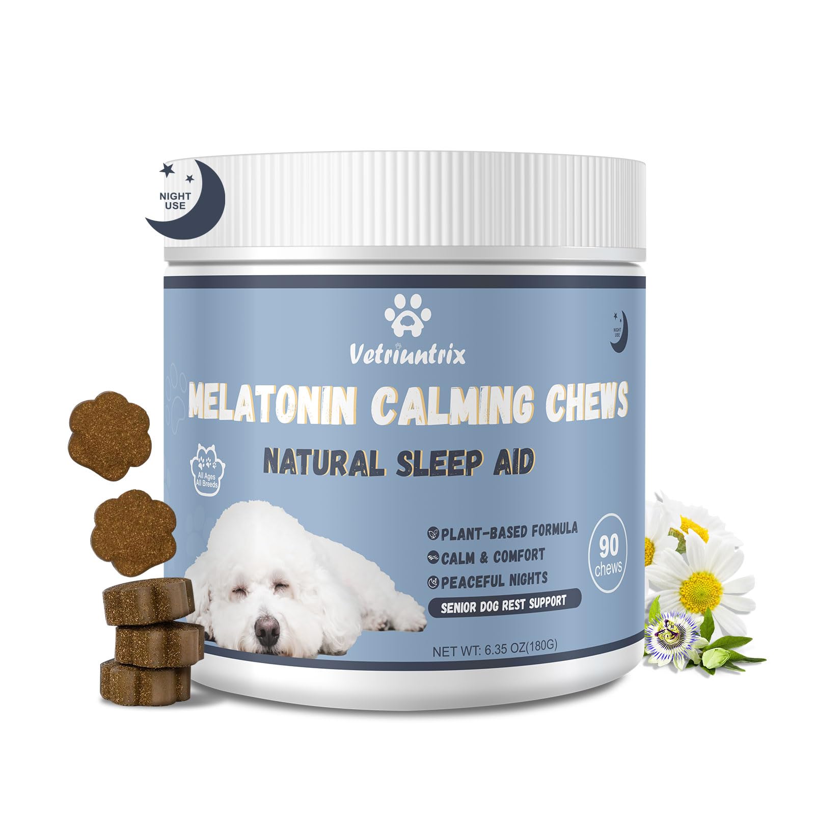 Vetriuntrix Melatonin for Dogs, Dog Calming Chews for Sleep Aid, Fireworks, Storms, Thunder, Barking, Separation, Calming Chews 