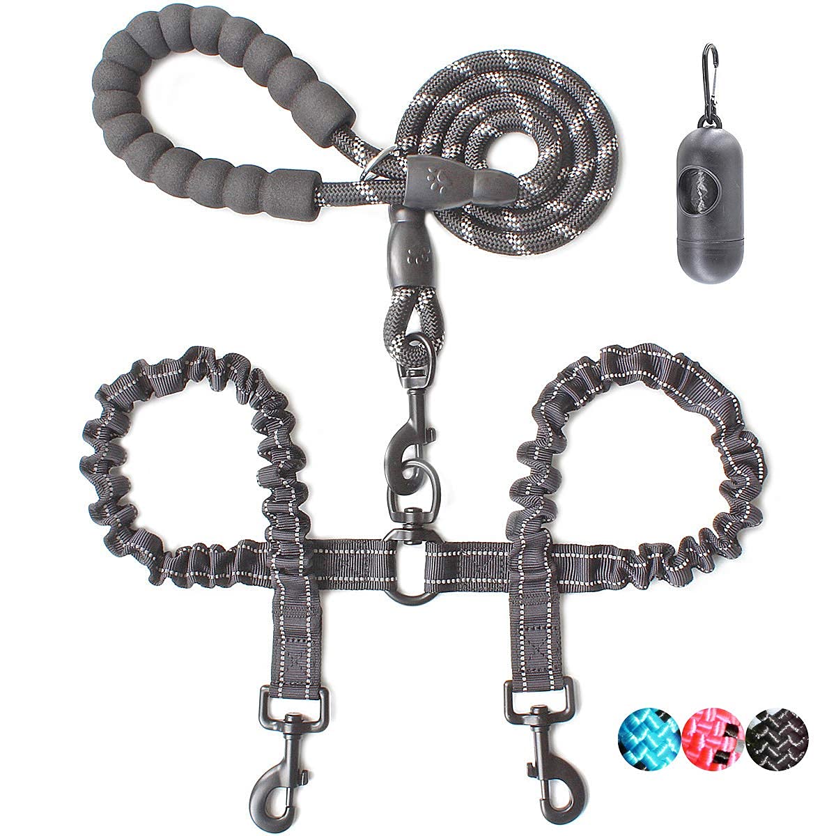Baapet Double Dog Leash, 4 Ft Rope Dog Leash With Tangle Free Shock Absorbing Bungee And Poop Bags For Dual Small Medium Large Dogs (Small, Black)