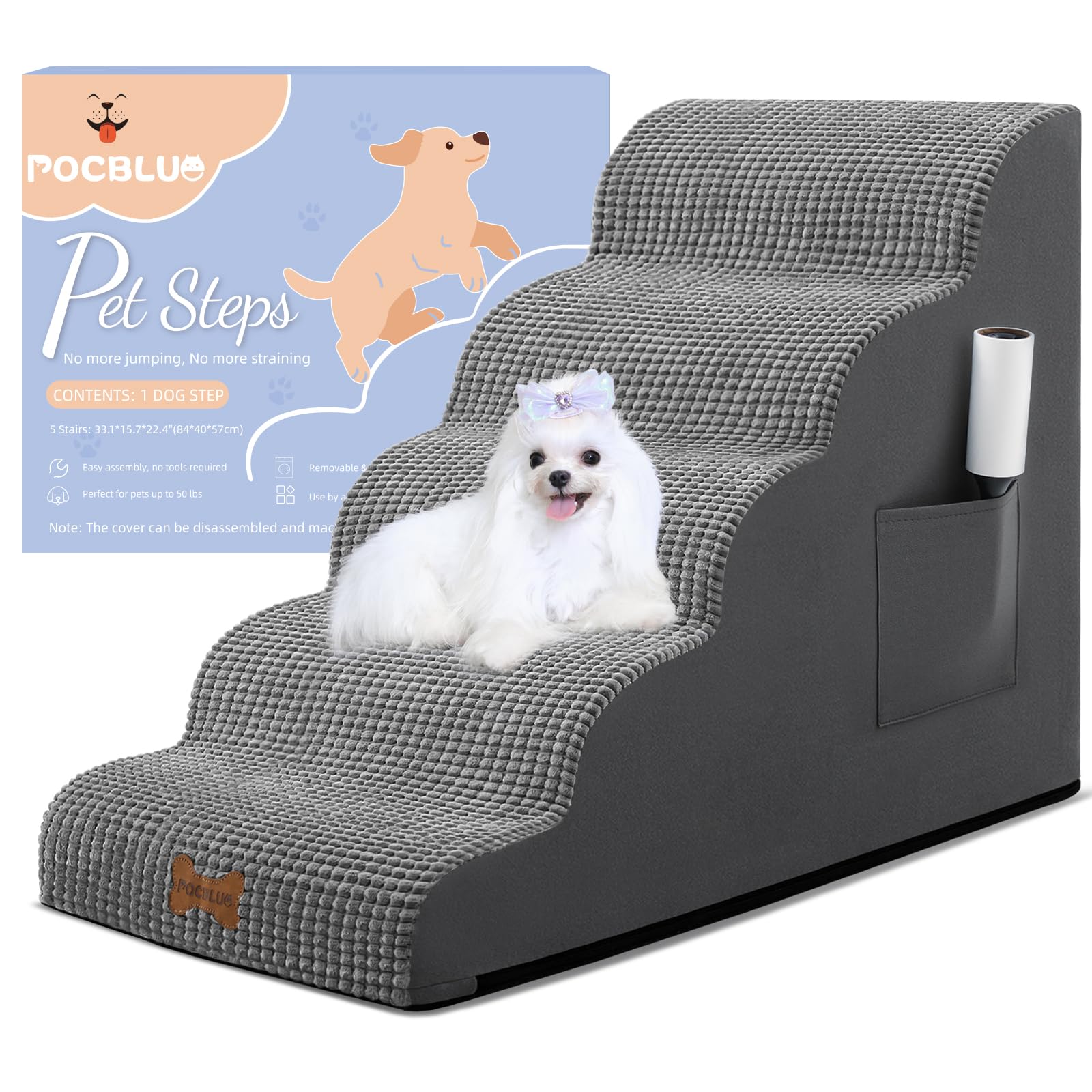 Dog Stairs For Small Dogs, Wide Pet Step With Removable Cover, No Assembly High Density Foam Cat Ramp For Bed Or Sofa, 5-Step, D