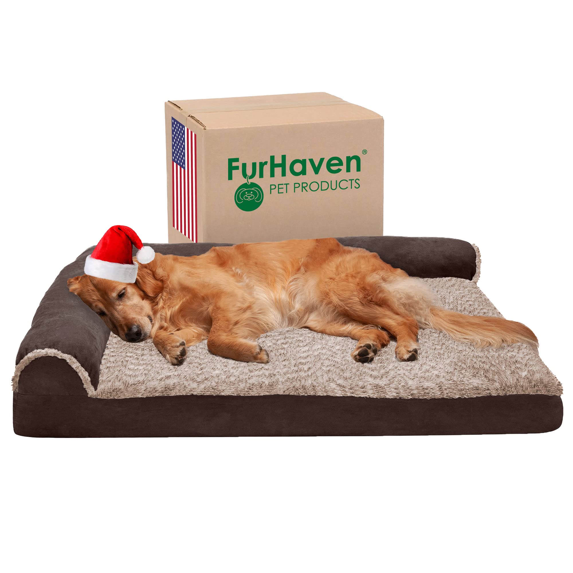 Furhaven Orthopedic Dog Bed For Large Dogs W/ Removable Bolsters & Washable Cover, For Dogs Up To 95 Lbs - Two-Tone Plush Faux Fur & Suede L Shaped Chaise - Espresso, Jumbo/Xl