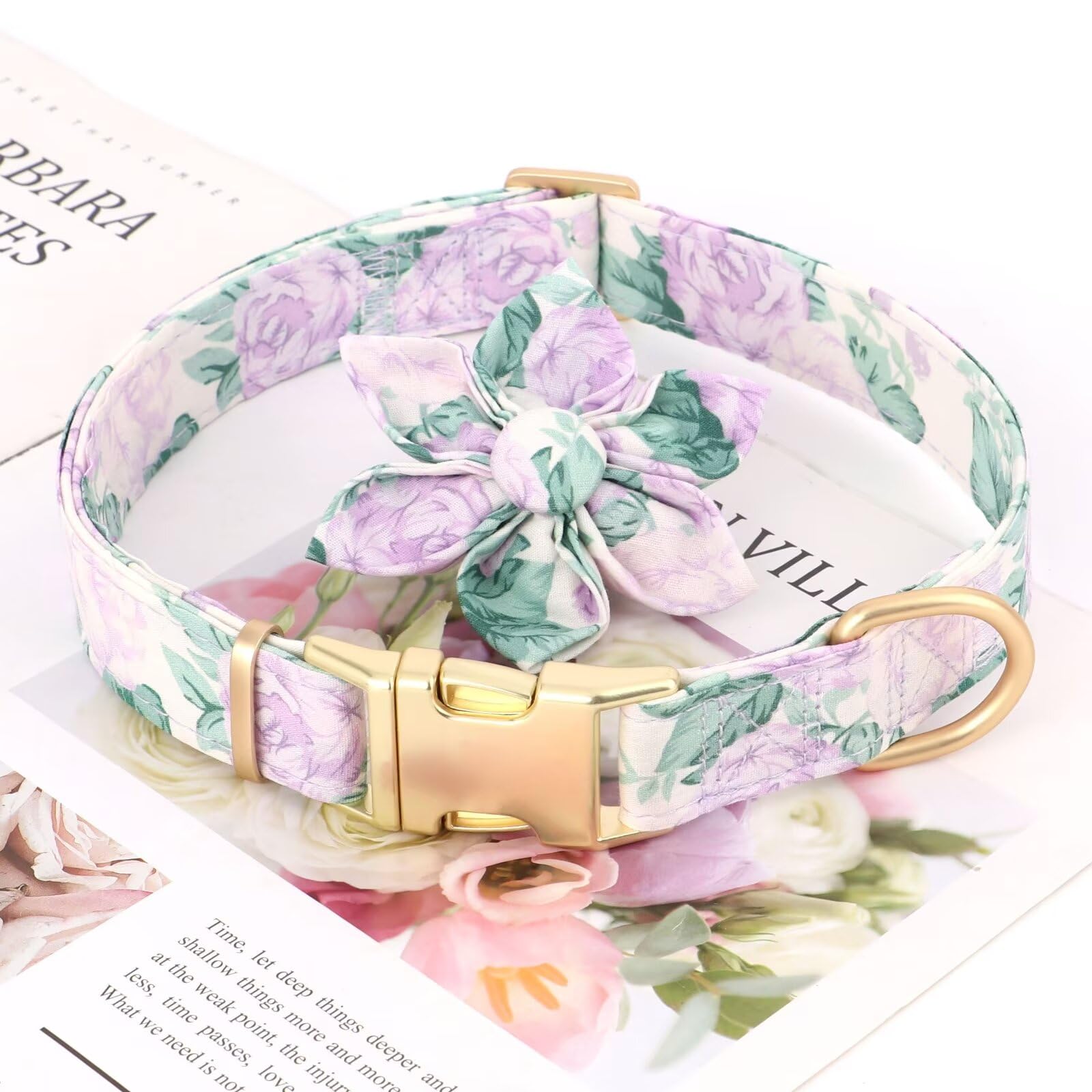 Beirui Cute Girl Dog Collars for Female Dogs, Floral Dog Collar with Spring Flower Patterns, Soft Purple Pet Collars for Small M
