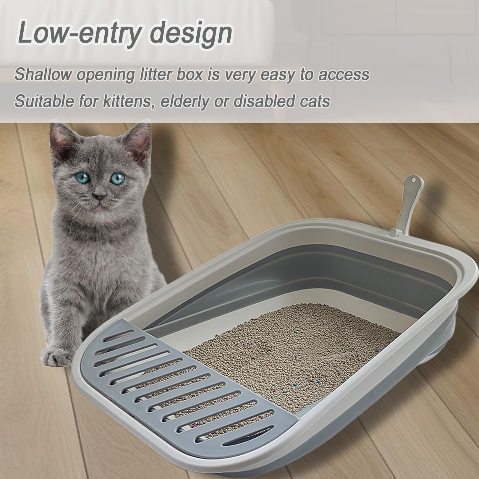Chuyouan Senior Collapsible Cat Litter Pan - Low Entry, Foldable Pet Toilet for Elderly Cats, Grey, 20.9x15.7x5.7 inch