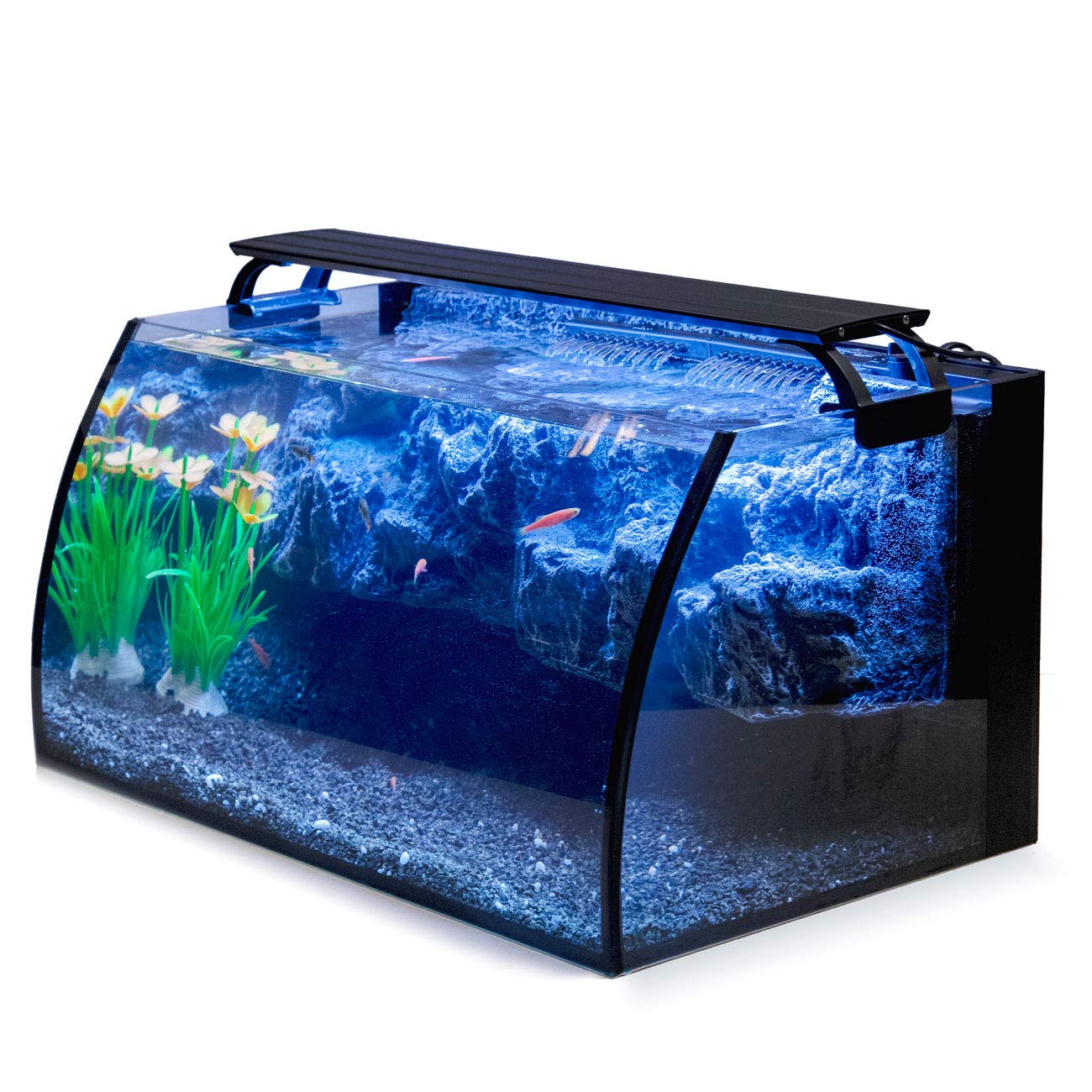 Hygger Horizon 8 Gallon Led Glass Aquarium Kit For Starters With 7W Power Filter Pump, 18W Colored Led Light, Wide View Curved Shape Fish Tank With Undetachable 3D Rockery Background Decor