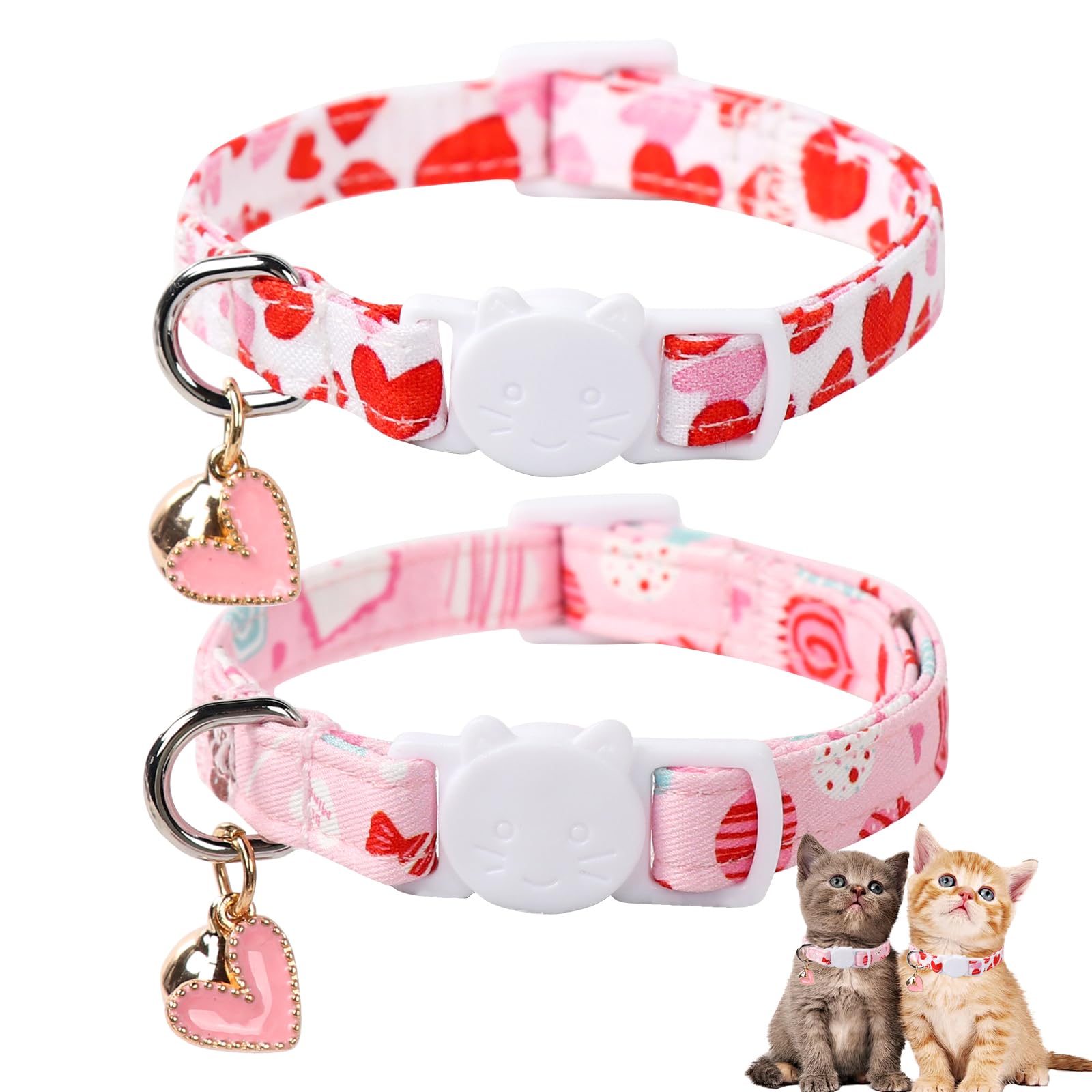 2 Pack Valentine'S Day Paws Cat Collar With Bell, Unique Style, Breakaway Buckle, Cute Heart Love Pattern, Ideal Gift For Boy Or