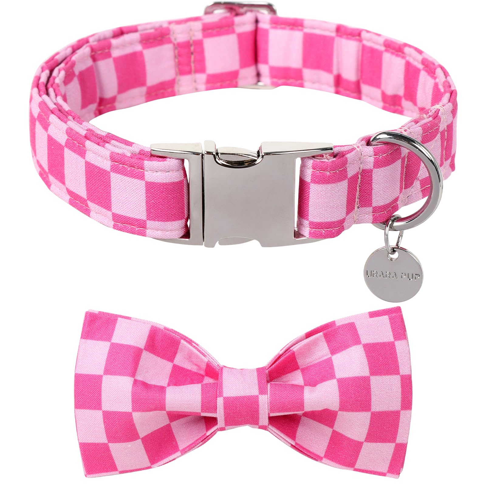Up Urara Pup Dog Collar With Bow Tie,Pink Bow Dog Collar With Adjustable Buckle,Cotton Puppy Collar For Small,Medium,Large Dogs,