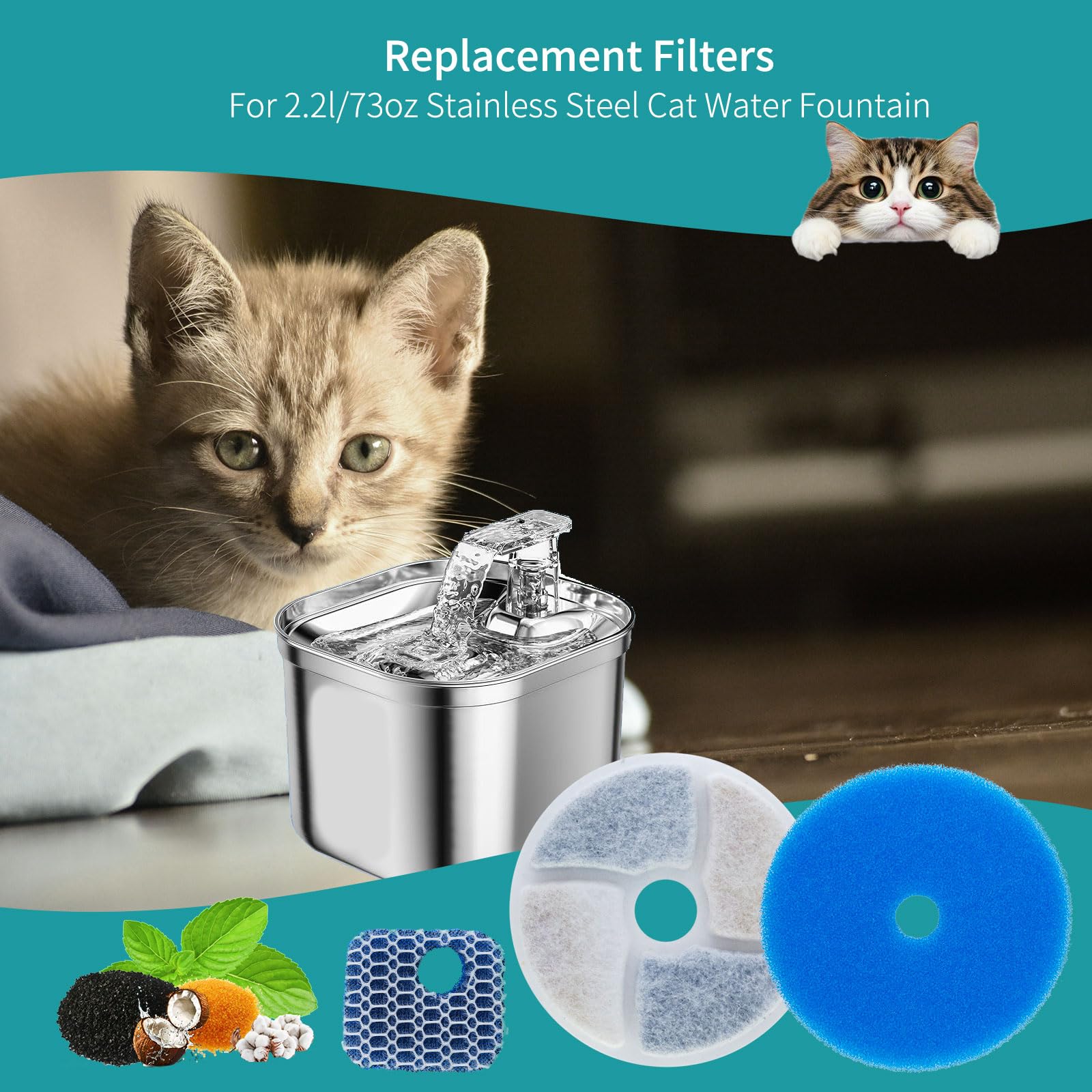 Cat Water Fountain Filter, 8 Pack Fountain Filter Replacement For Automatic Pet Fountain 4.13Inch Filters For Cat Water Fountain