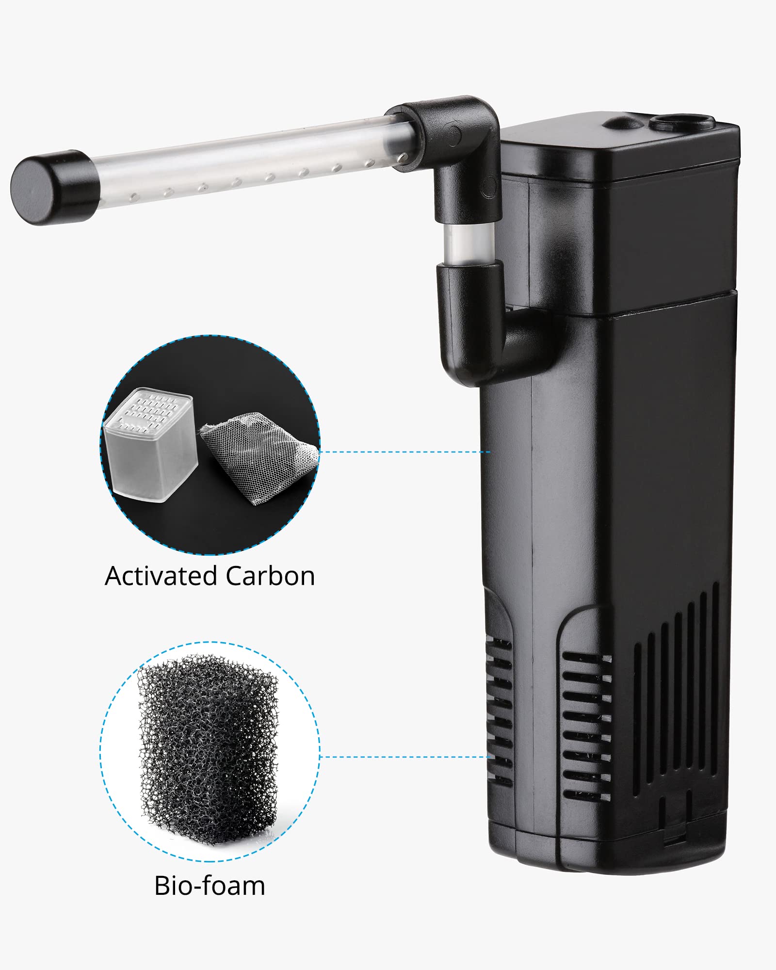 Nicrew Aquarium Internal Filter, Submersible Power Filter With Multiple Function For Fish Tanks 5-10 Gallon, 53 Gph, 5W