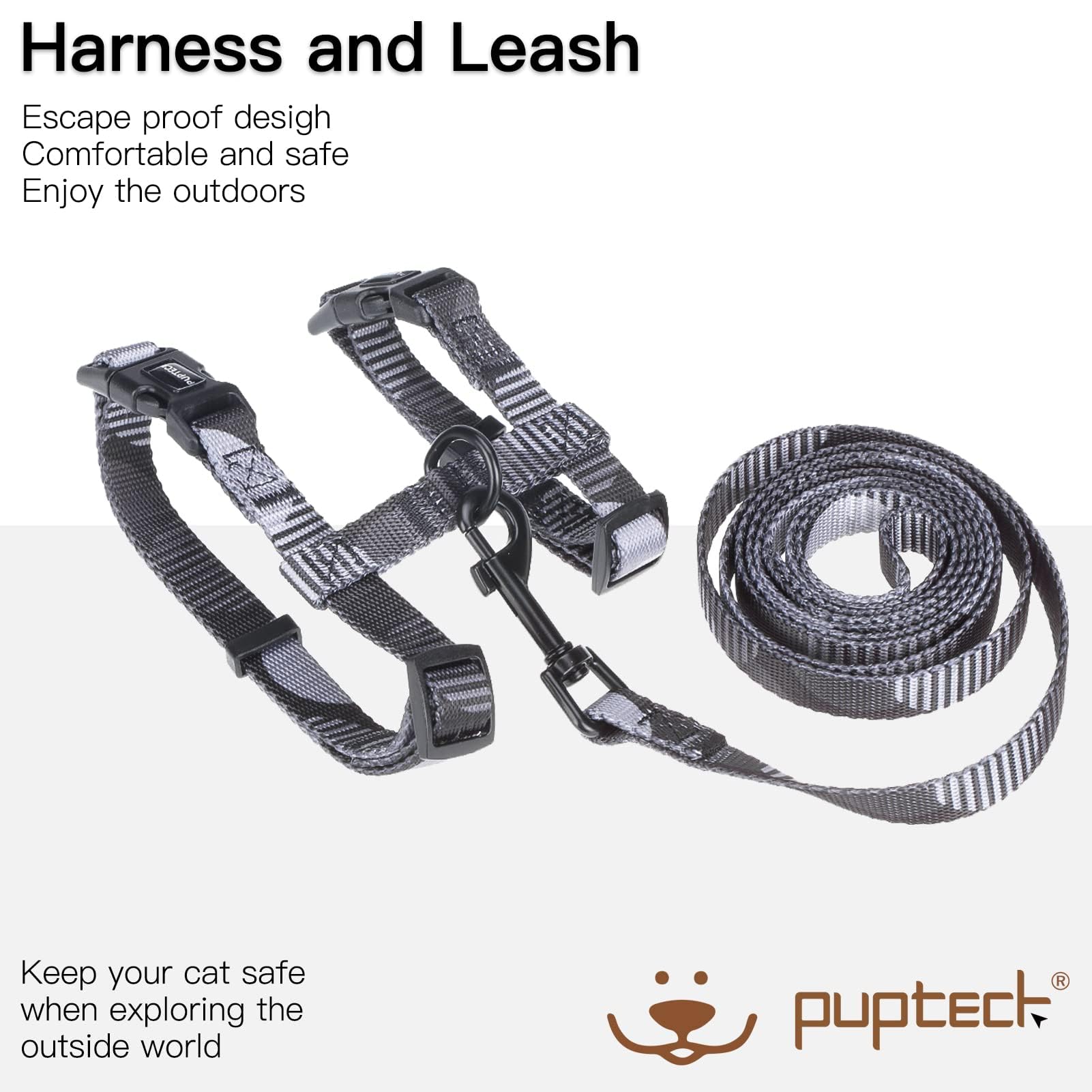 Pupteck Adjustable Cat Harness And Leash Set Escape Proof Kitten Strap Collar For Walking Travel, Printed Dark Grey