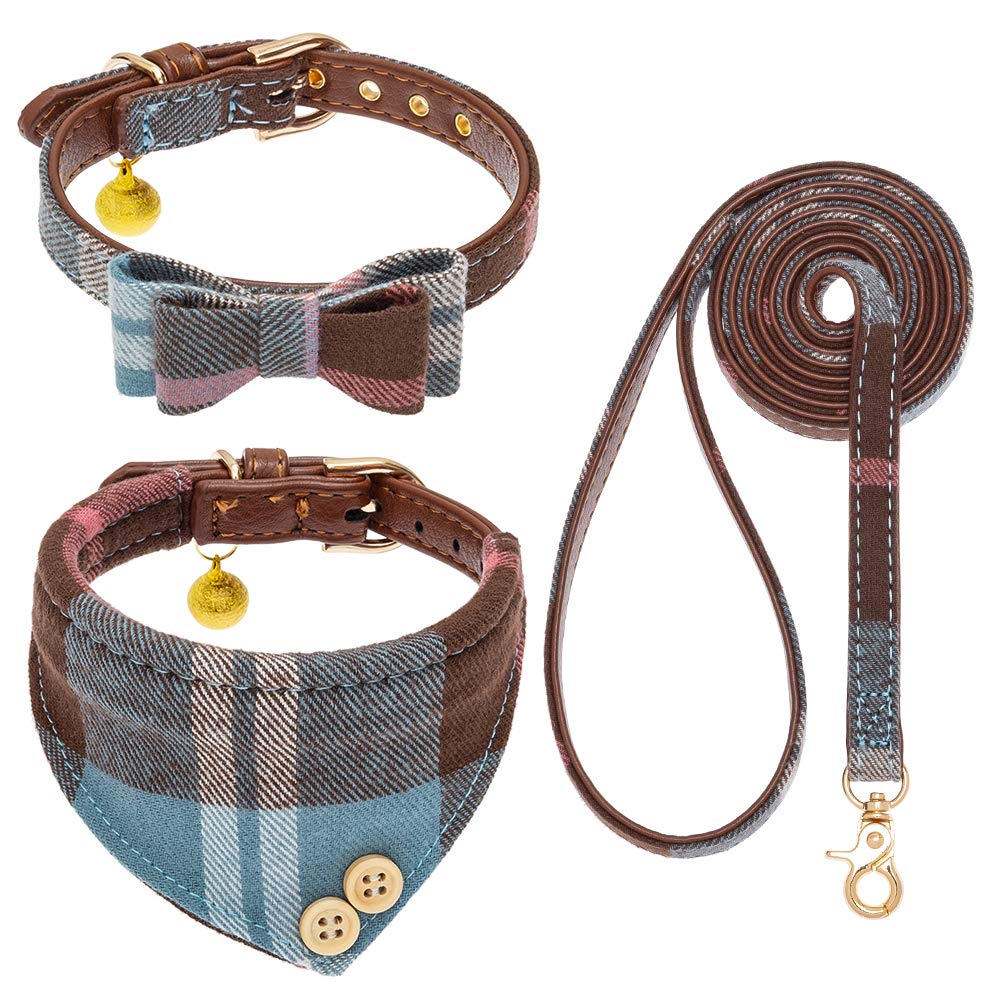 Expawlorer Dog Collar And Leash Set - Classic Plaid Bow Tie & Dog Bandana Collar With Bell, Dog Leash Tangle Free, Adjustable Co