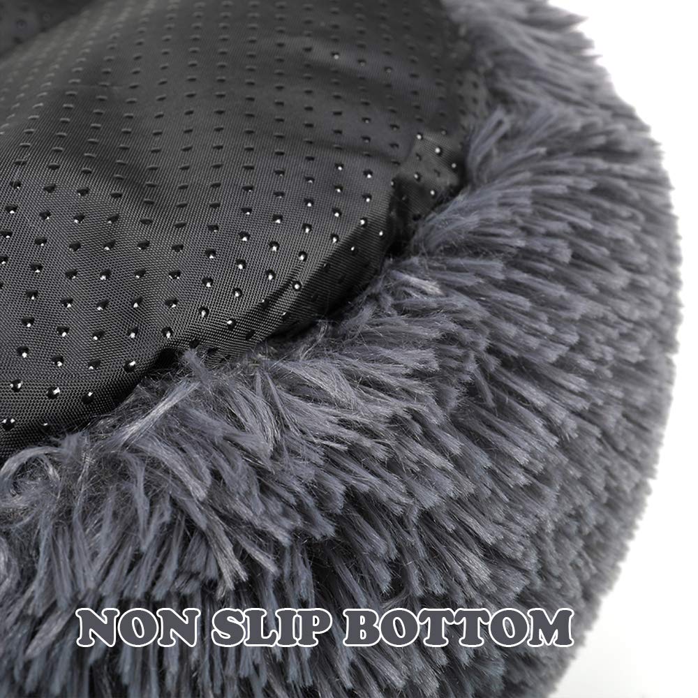 Otoez Round Plush Donut Pet Bed Warm Fur Cuddler Dog Cat Cushion Bed Calming Bed Non-Slip Bottom (19.7', Dark Grey)