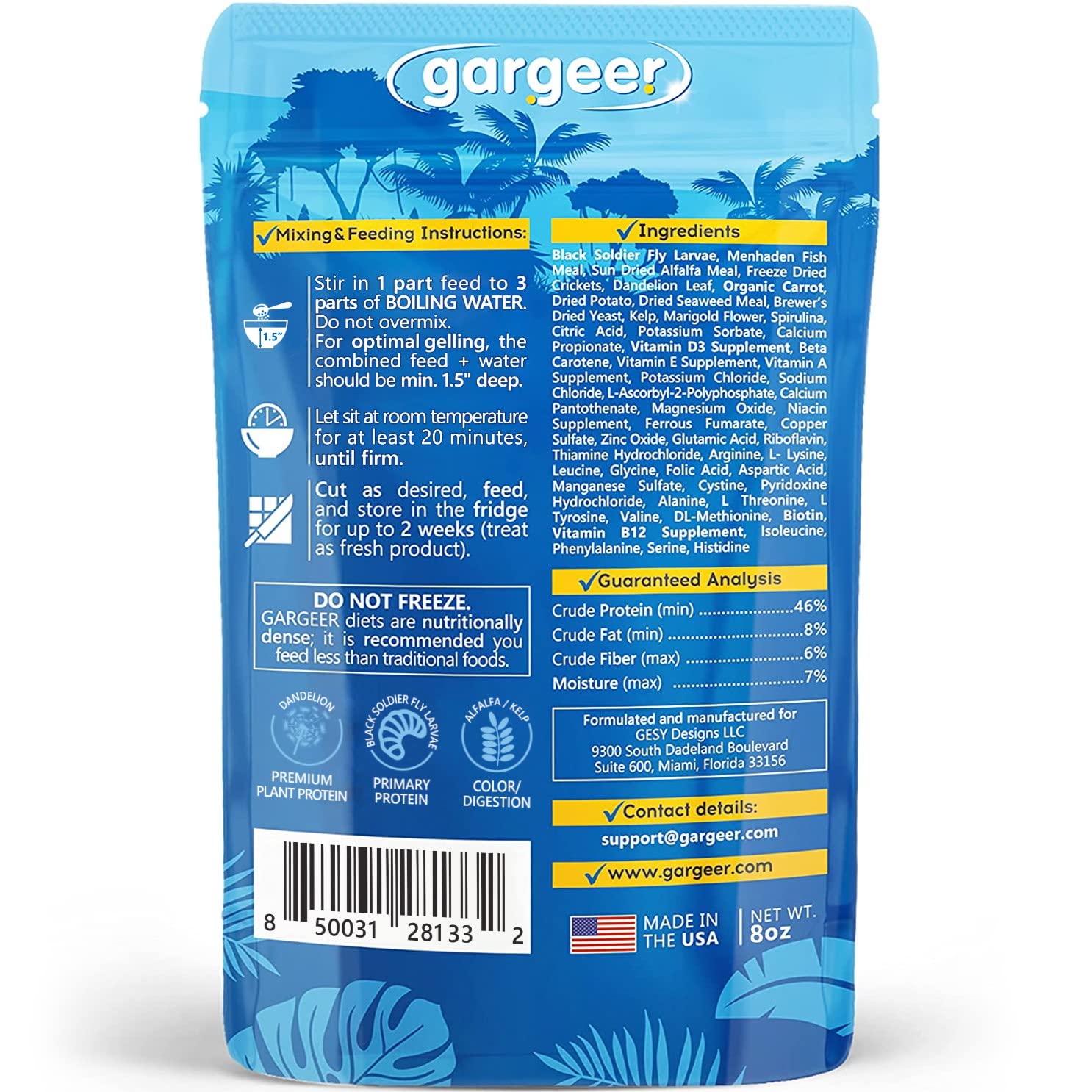 Gargeer 8oz Bearded Dragon Food. Complete Gel Diet for Both Juveniles and Adults. Proudly Made in The USA, Using Premium Ingredi