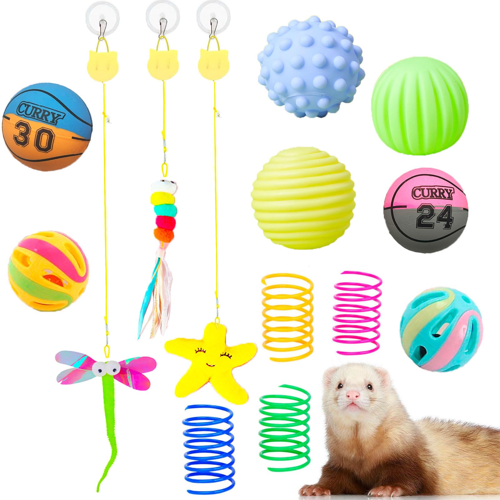 14 Pcs Ferret Squeaky Toys Set Rubber Balls Ferret Teeth Grinding Chewing Balls Teething Bouncy Bell Ball Interactive Sound Sque