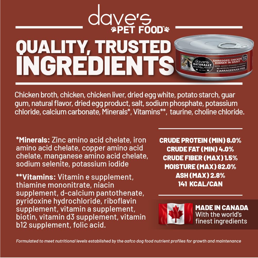 Dave's Pet Food Grain Free Wet Cat Food, Shredded Chicken in Gravy, 5.5oz (24 Pack), Wheat & Gluten-Free, GMO-Free, Made in Canada