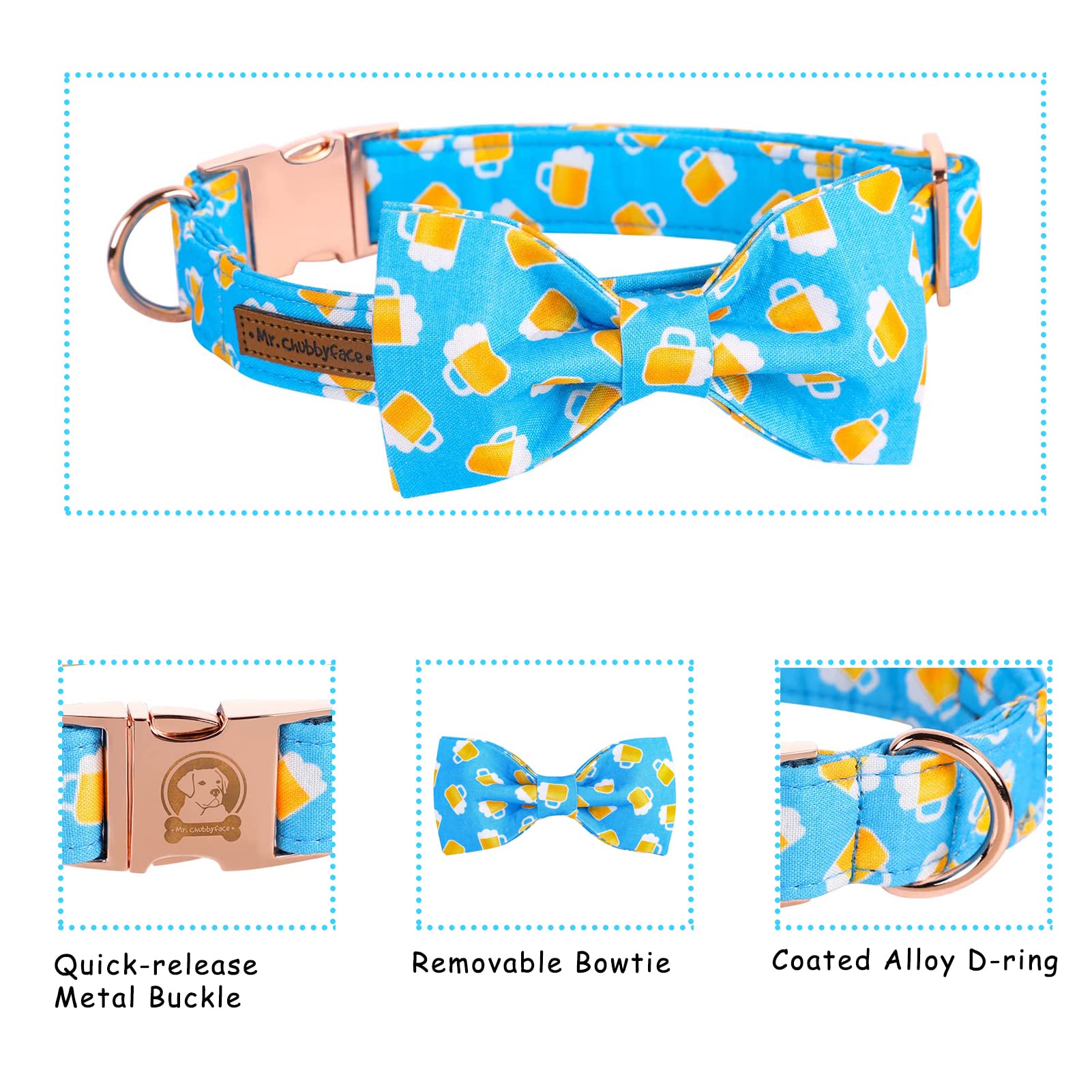 Mr.Chubbyface Dog Collar With Dog Bow Tie, Soft Summer Dog Collars, Cute Boy Girl Dog Collars For Puppy Collars For Small Medium Large Dogs