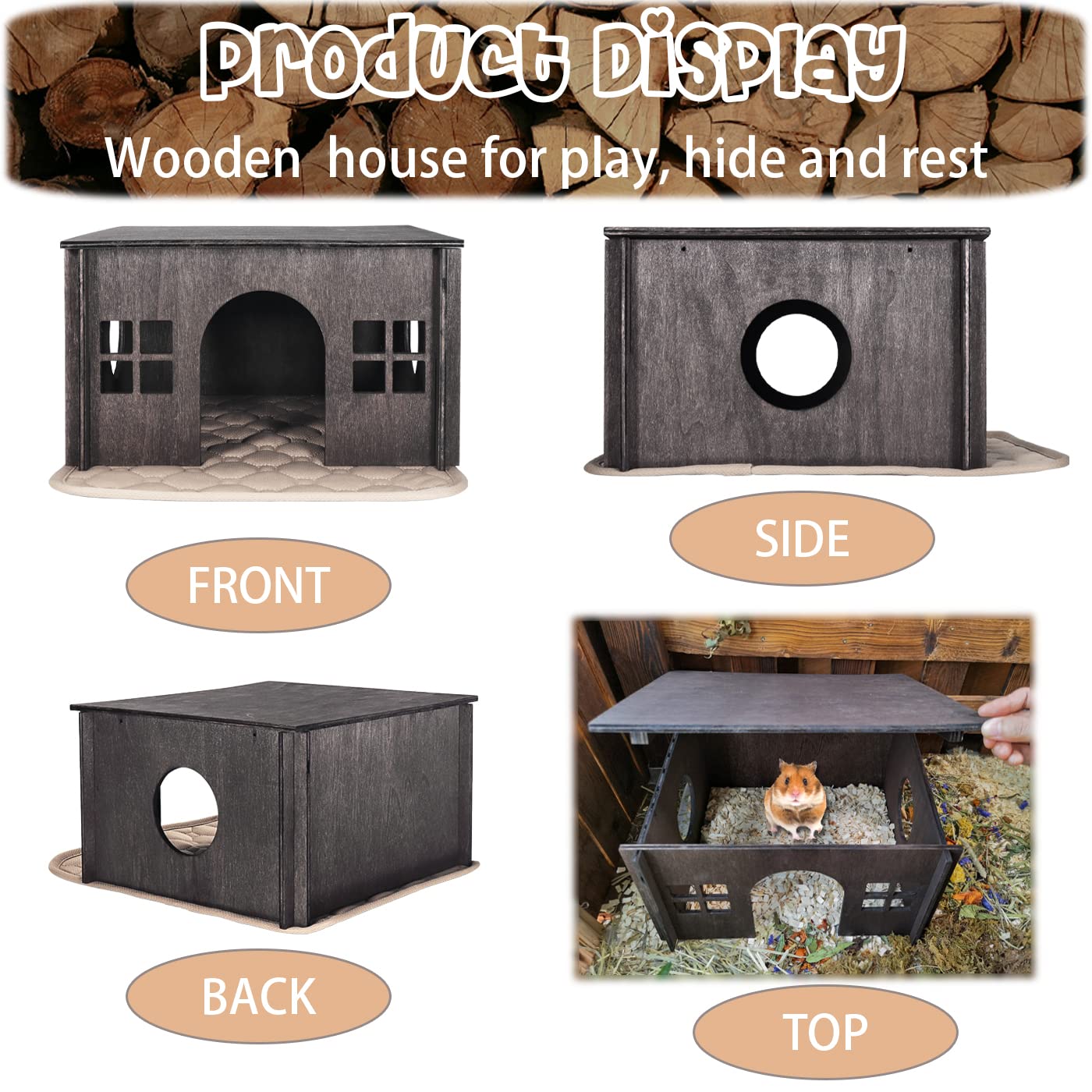 Hamster Hideout,Wooden Hamster House With Windows,Detachable And Large Size Suitable For Two Guinea Pig Hideout, Ventilated Wood Habitats Decor For Chinchilla, Hamster Mice Gerbils Mouse -Walnut Color