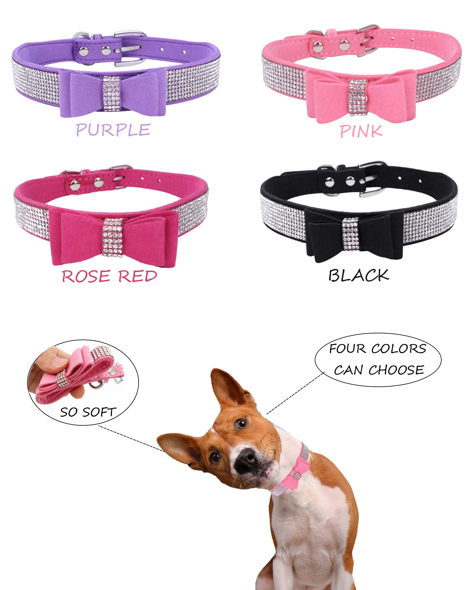 Rhinestone Dog Collar For Small Medium Large Dogs, Adjustable Leather Suede Bling Dog Collars,Diamond Bow Tie Puppy Collars For