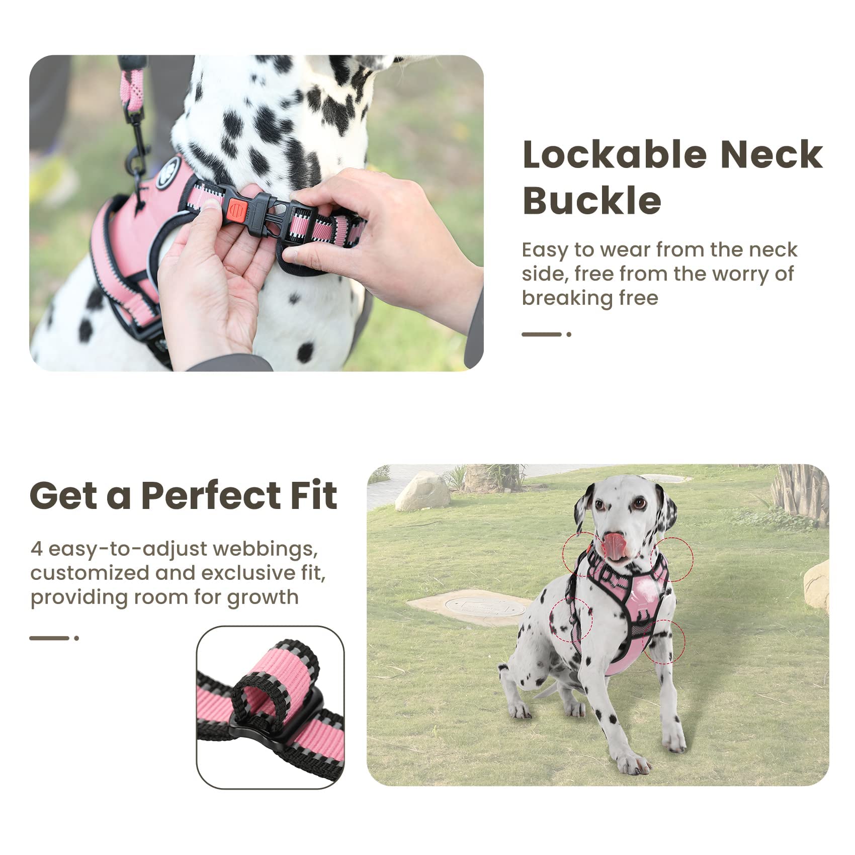 FURRYFECTION XL No Pull Dog Harness, Reflective Vest, Adjustable, Soft Padded, Front Lead, Leash, Seat Belt, Pink